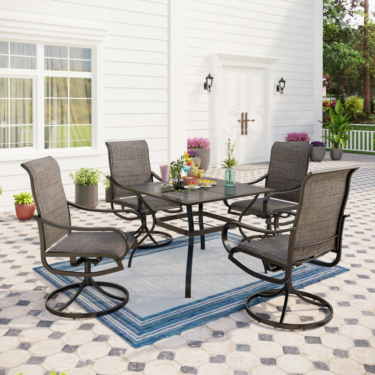 Captiva Designs 5pc Outdoor Patio Square Dining Steel Table & Swivel Sling Metal Chairs