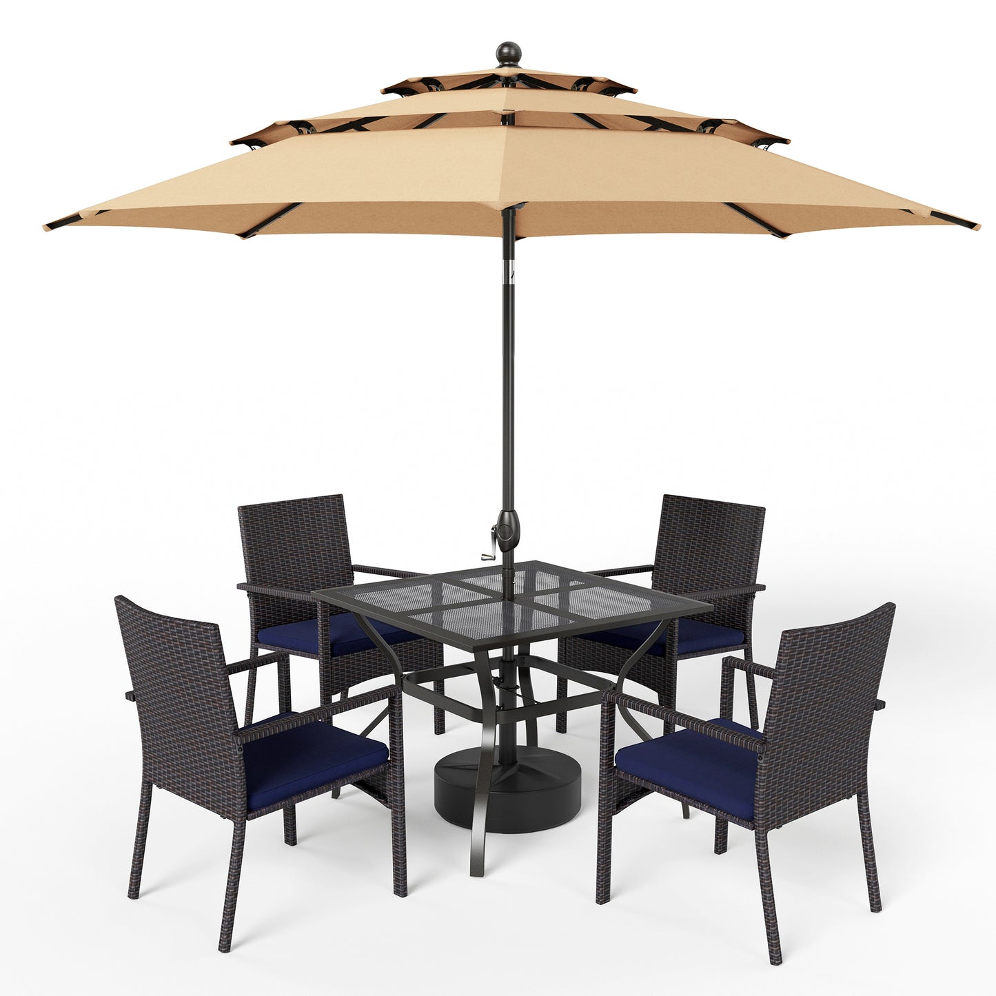 Captiva Designs 6pc Patio Mesh Tabletop Steel Dining Table & Blue Rattan Chairs & Market Umbrella