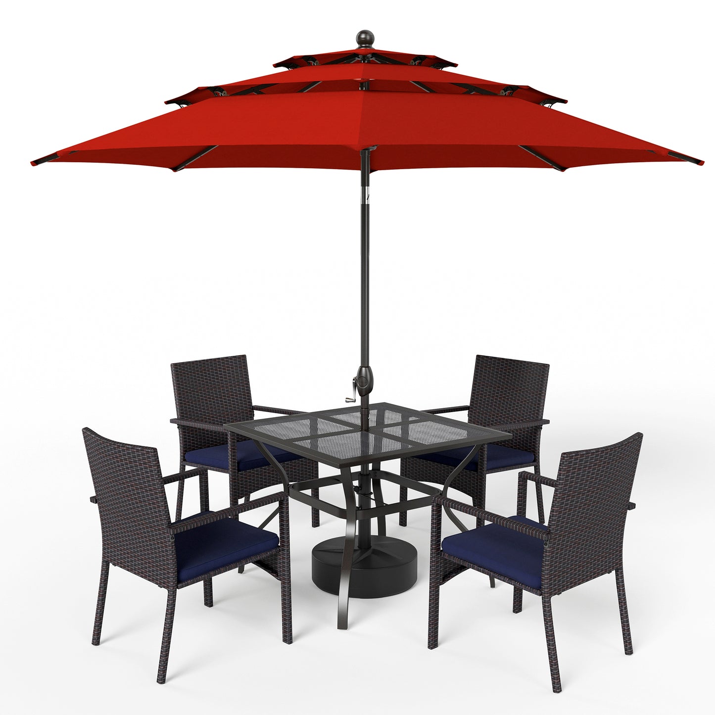 Captiva Designs 6pc Patio Mesh Tabletop Steel Dining Table & Blue Rattan Chairs & Market Umbrella