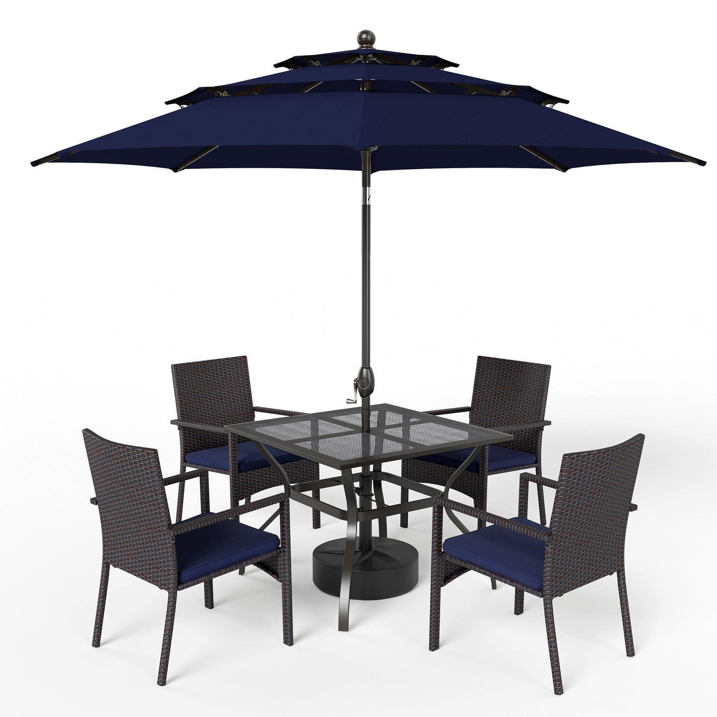 Captiva Designs 6pc Patio Mesh Tabletop Steel Dining Table & Blue Rattan Chairs & Market Umbrella