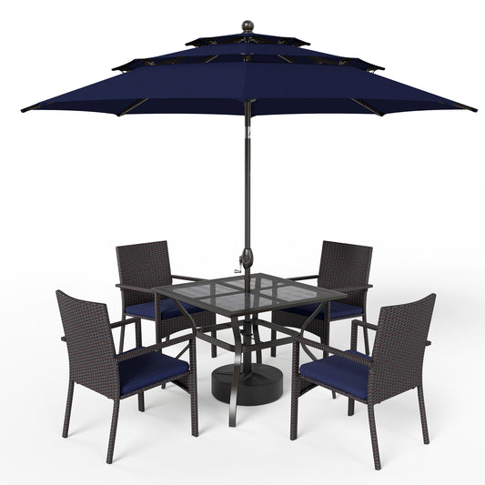 Captiva Designs 5 件套酒吧高度矩形金属桌，带伞孔和藤条酒吧旋转凳，带靠垫