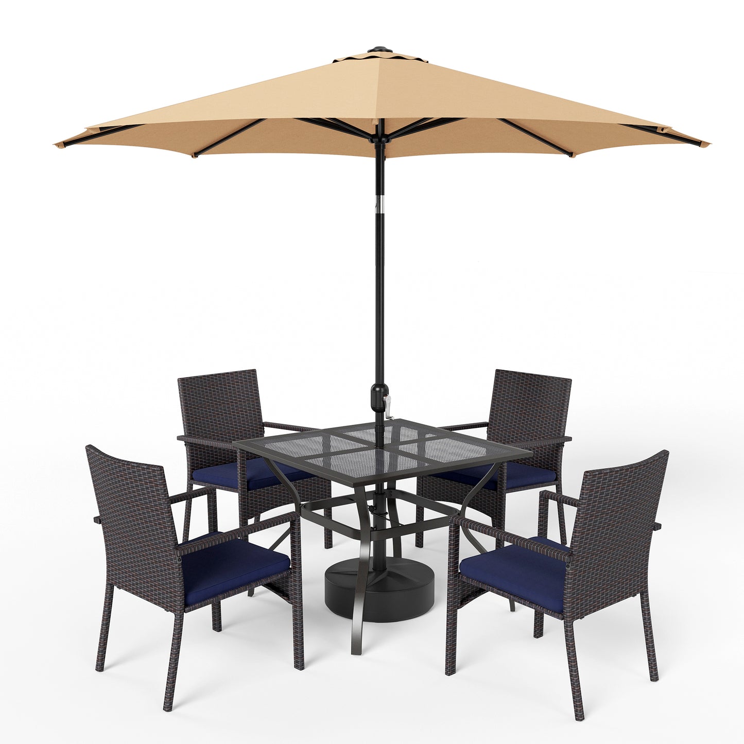 Captiva Designs 6pc Patio Mesh Tabletop Steel Dining Table & Blue Rattan Chairs & Market Umbrella