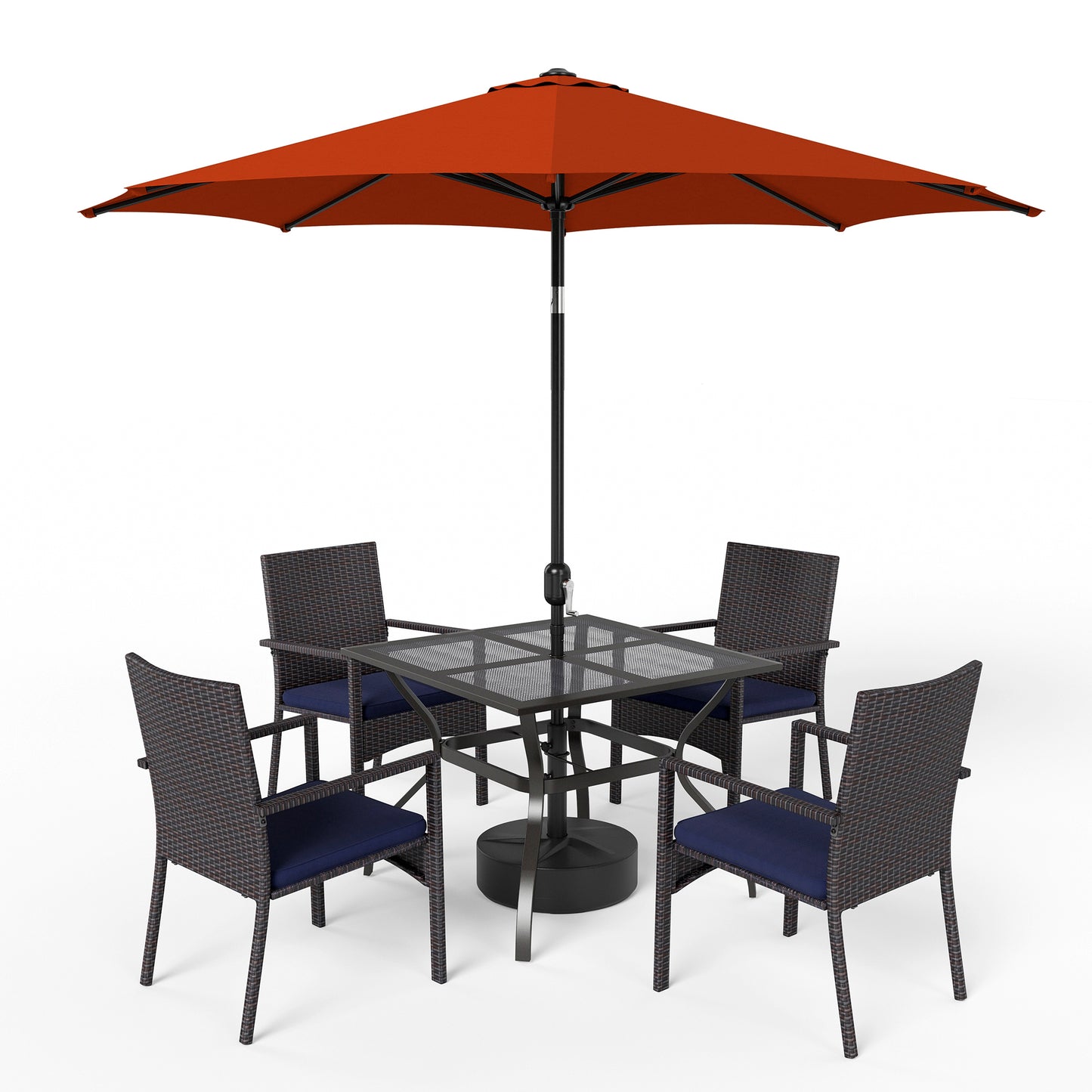 Captiva Designs 6pc Patio Mesh Tabletop Steel Dining Table & Blue Rattan Chairs & Market Umbrella