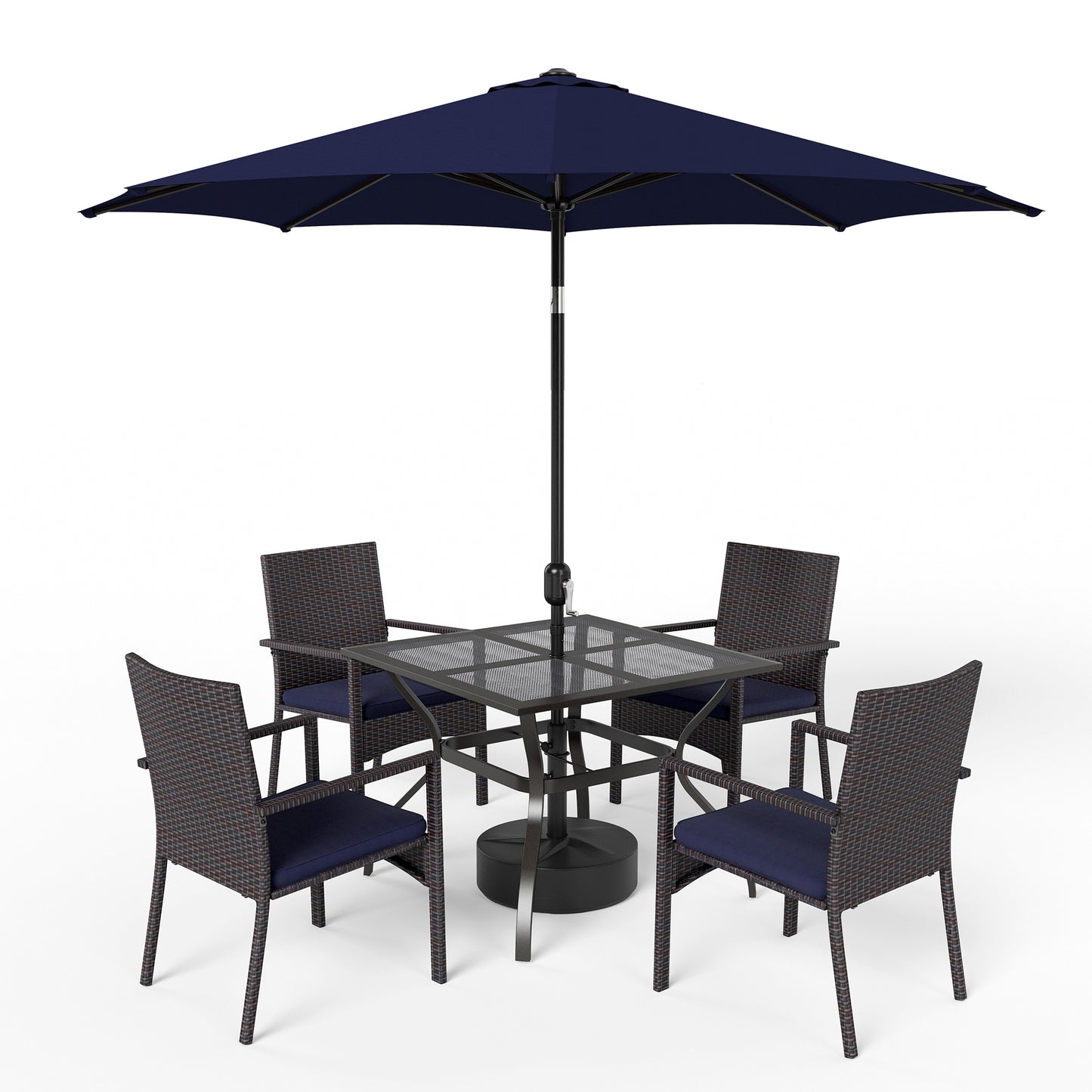 Captiva Designs 6pc Patio Mesh Tabletop Steel Dining Table & Blue Rattan Chairs & Market Umbrella
