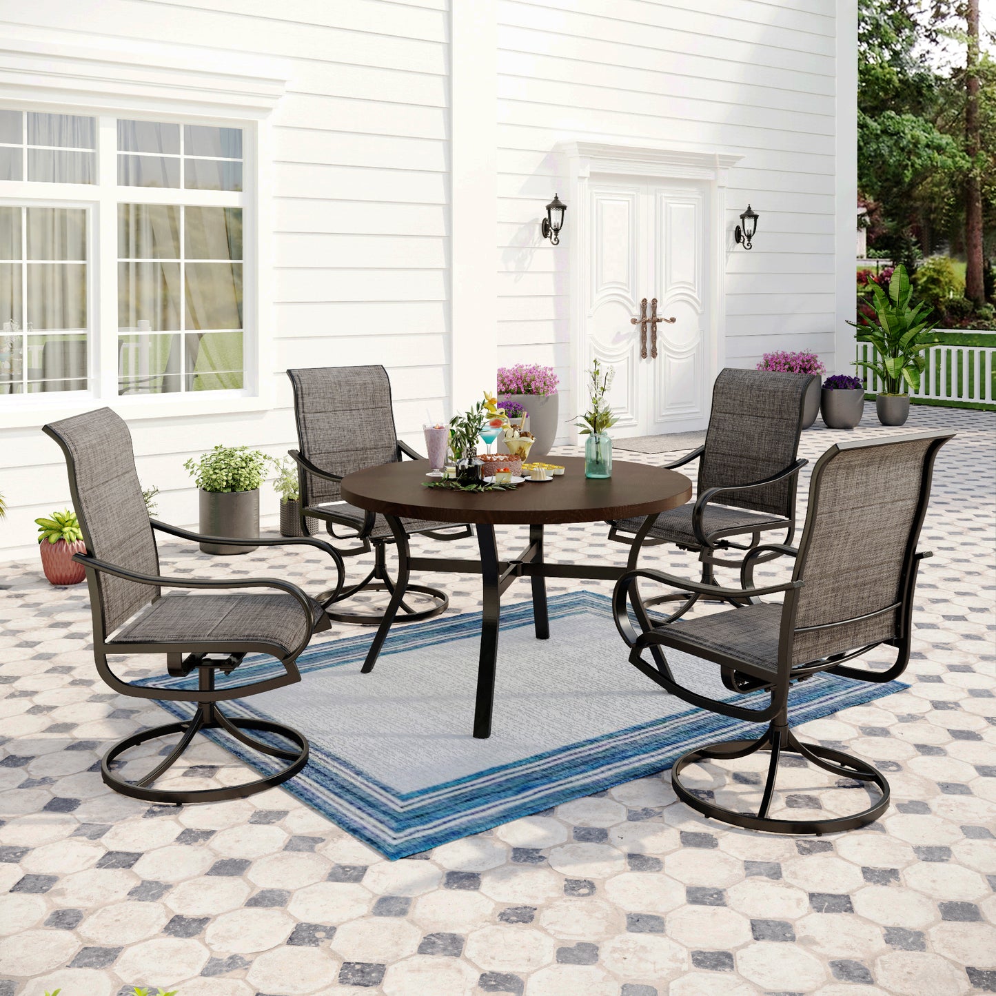 Captiva Designs 5pc Patio Dining Round Wood-look Table with Umbrella Hole & Metal Chairs