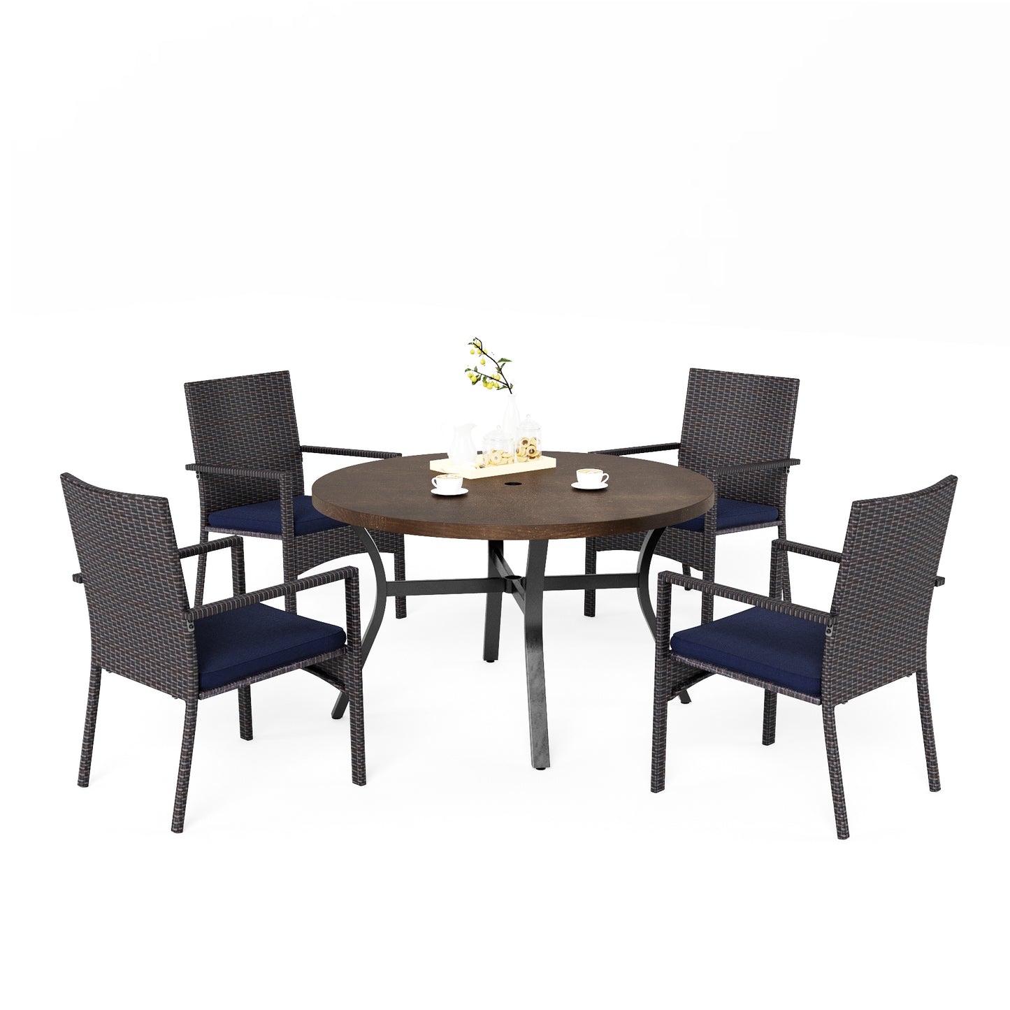 Captiva Designs 5pc Patio Dining Round Wood-look Table with Umbrella Hole & Metal Chairs