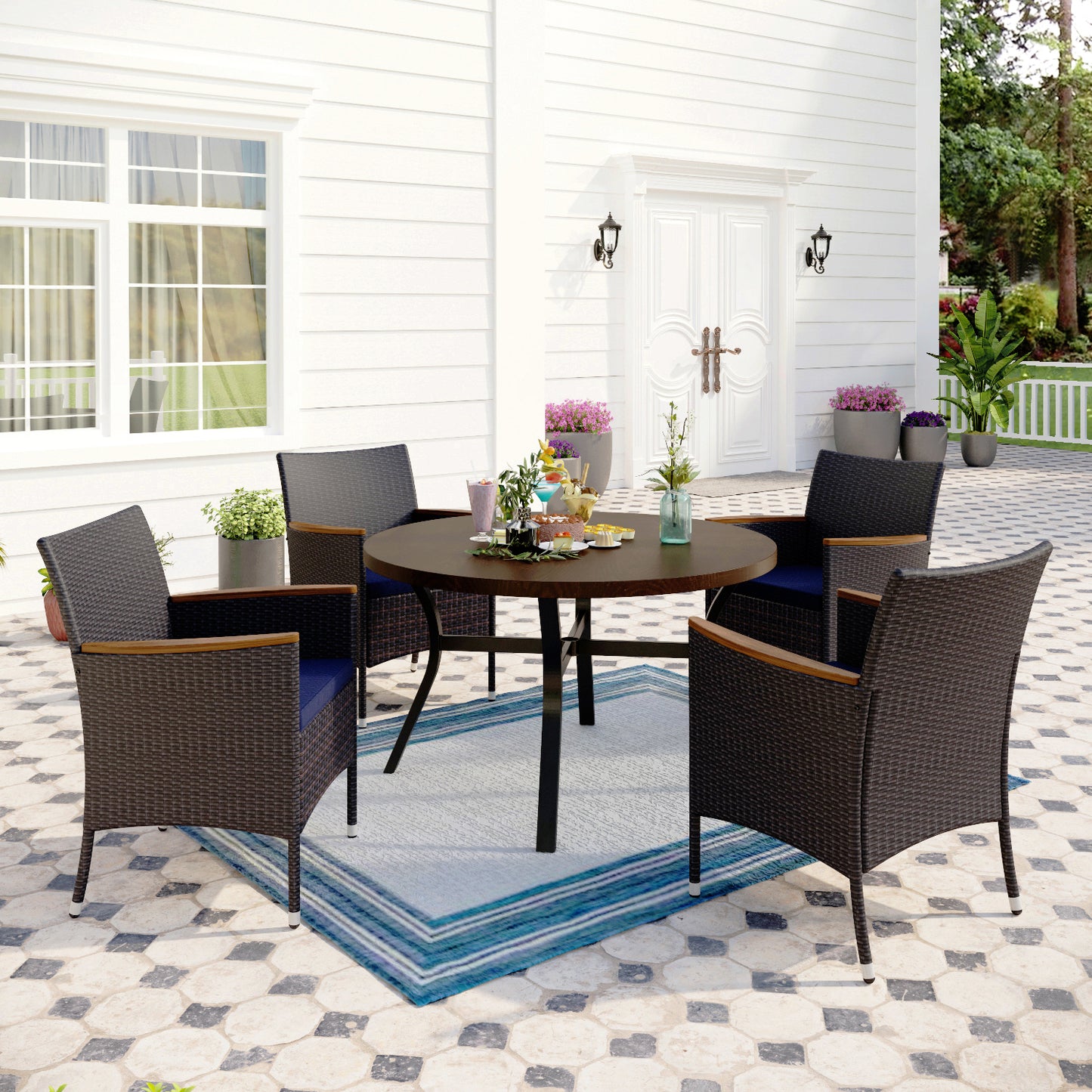 Captiva Designs 5pc Patio Dining Round Wood-look Table with Umbrella Hole & Metal Chairs