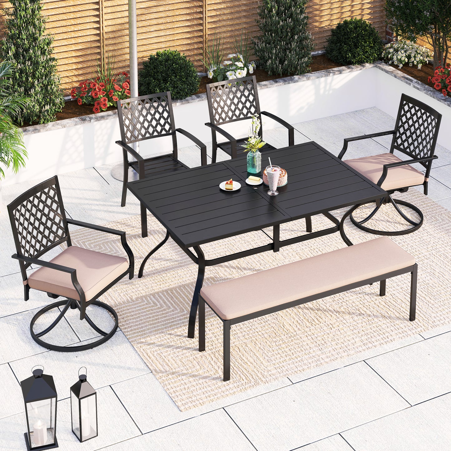 Captiva Designs 6pc Outdoor Patio Slat-top Steel Dining Table & Metal Chairs & Cushioned Bench