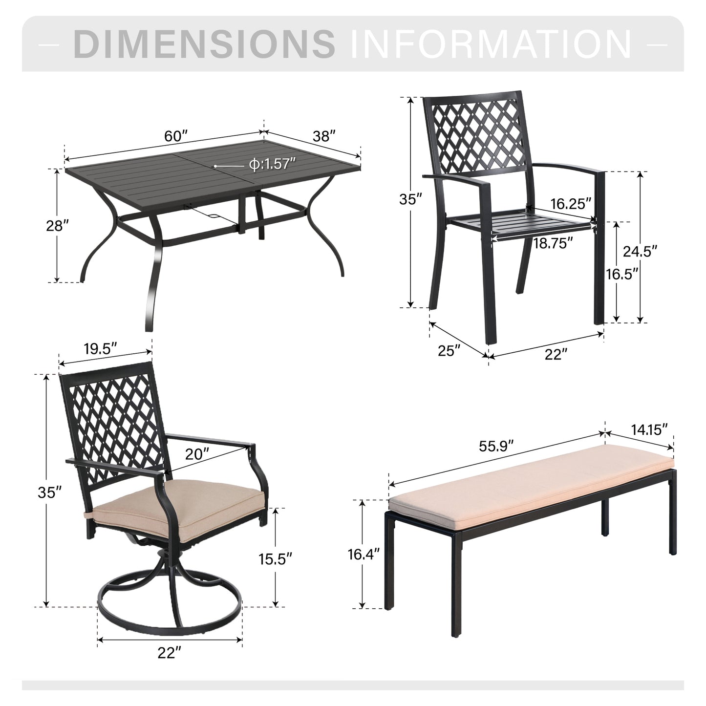 Captiva Designs 6pc Outdoor Patio Slat-top Steel Dining Table & Metal Chairs & Cushioned Bench