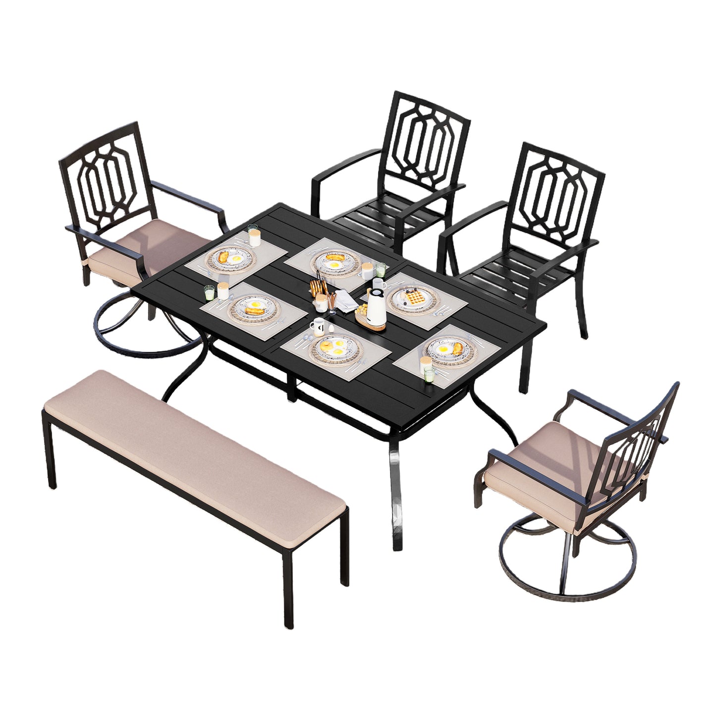 Captiva Designs 6pc Outdoor Patio Slat-top Steel Dining Table & Metal Chairs & Cushioned Bench