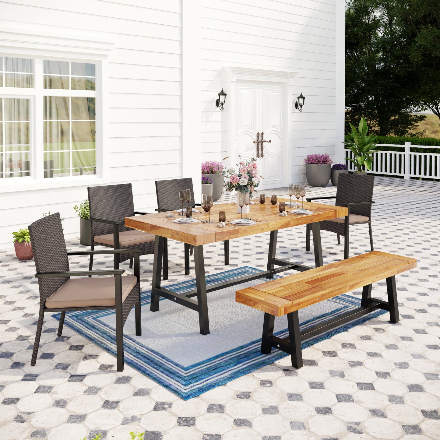 Captiva Designs Patio Dining Polyrattan Chairs with Steel Armrests and Wooden Wicker Back