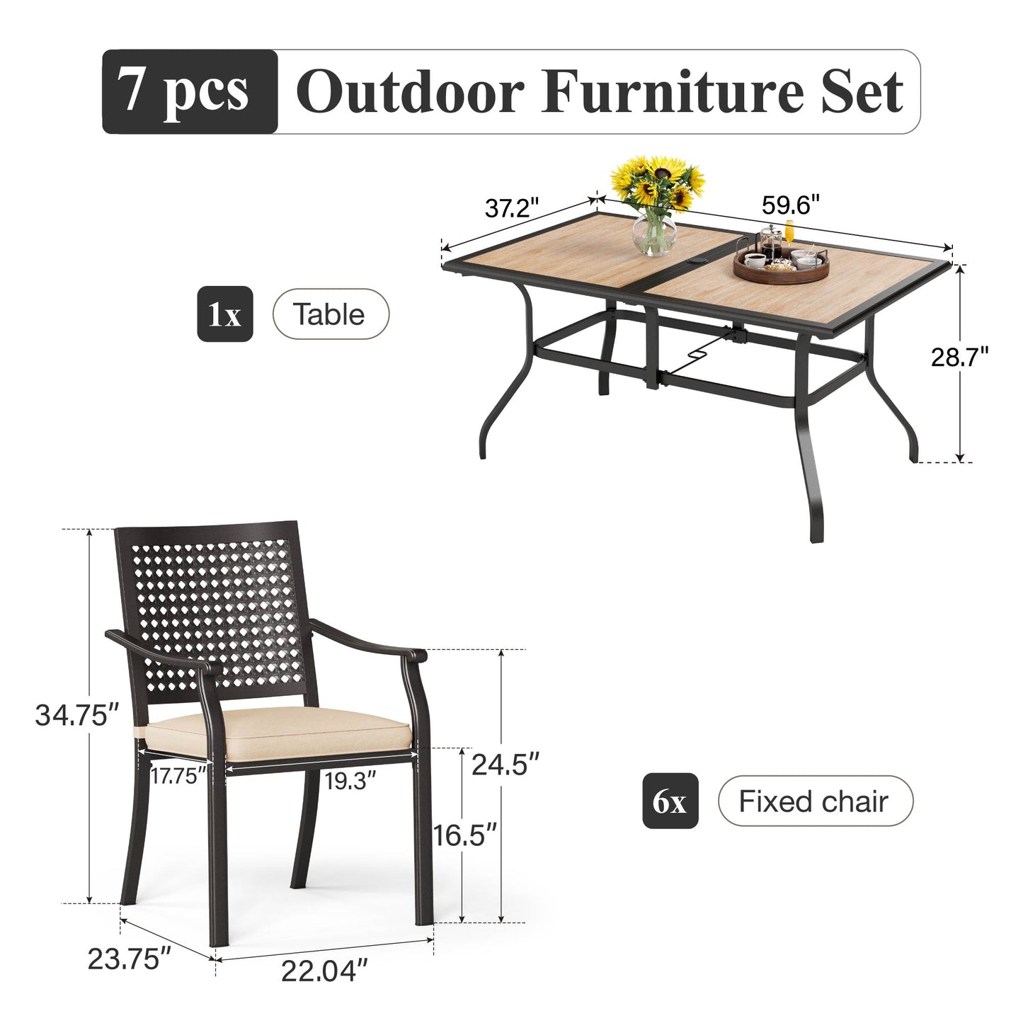 Captiva Designs 7pc Patio Dining Set with Wood-look Rectangle Steel Table & Stylish Back Metal Chairs