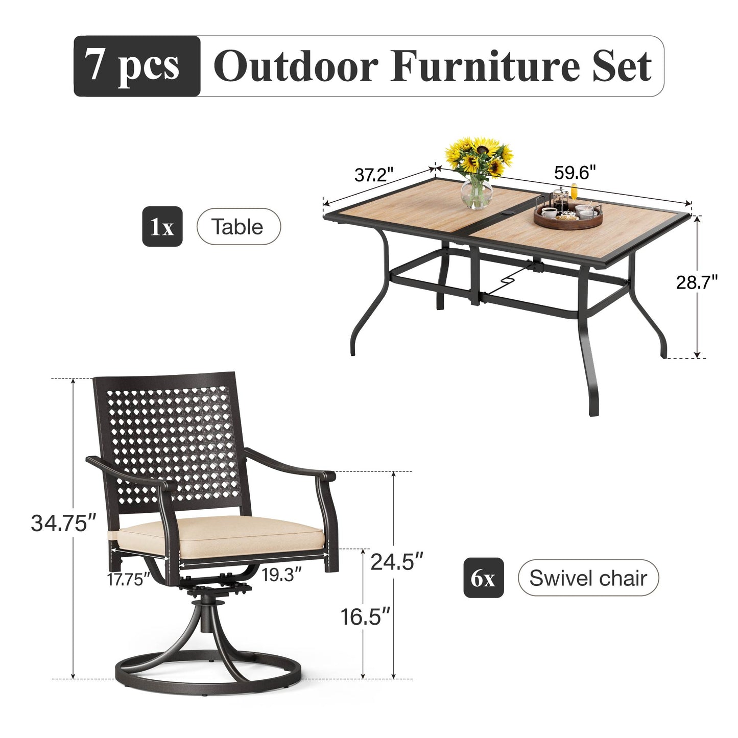 Captiva Designs 7pc Patio Dining Set with Wood-look Rectangle Steel Table & Stylish Back Metal Chairs