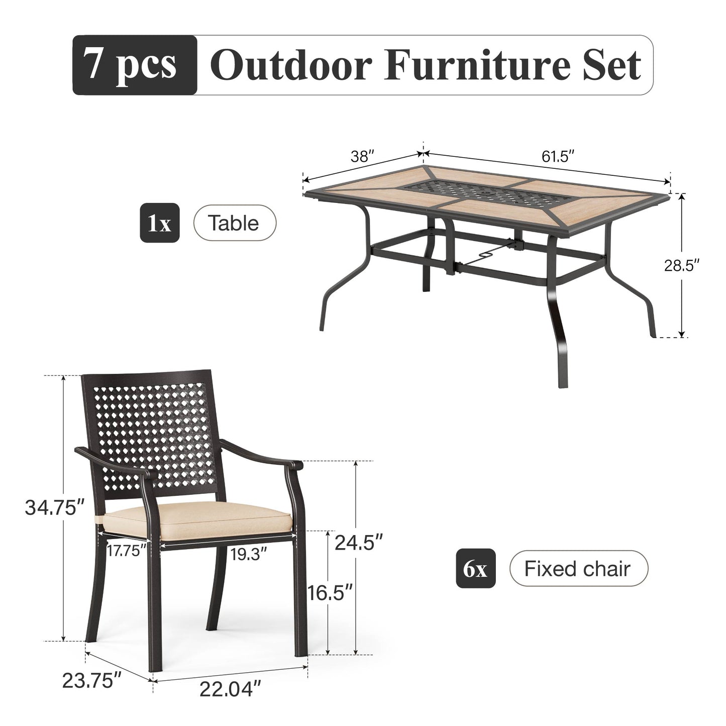 Captiva Designs 7pc Patio Dining Set with Wood-look Rectangle Steel Table & Stylish Back Metal Chairs