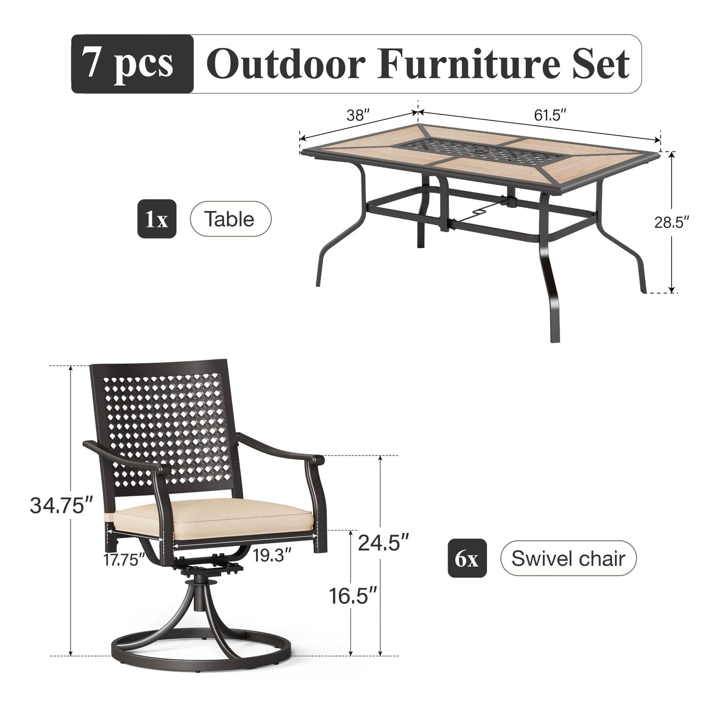 Captiva Designs 7pc Patio Dining Set with Wood-look Rectangle Steel Table & Stylish Back Metal Chairs