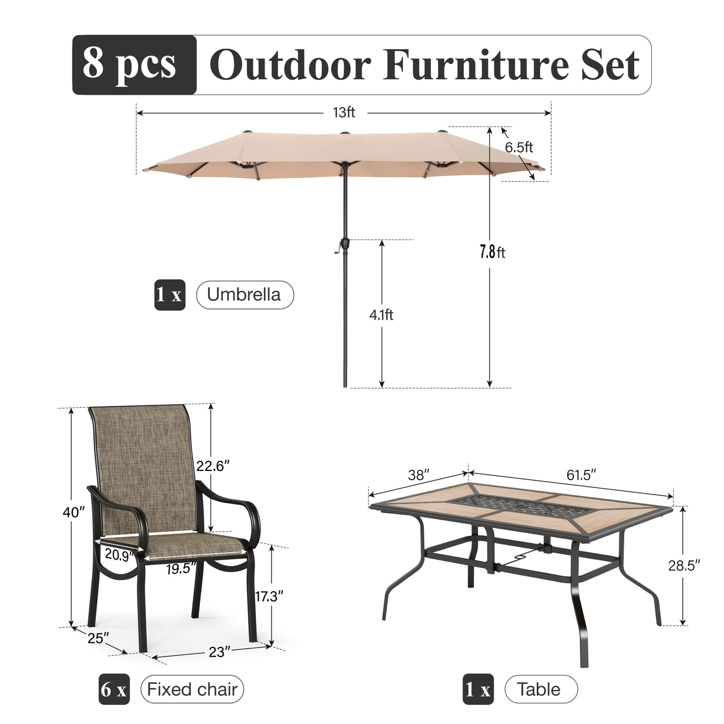 Captiva Designs 8pc Outdoor Wood-look Rectangle Steel Dining Table & Sling Chairs & Market Umbrella