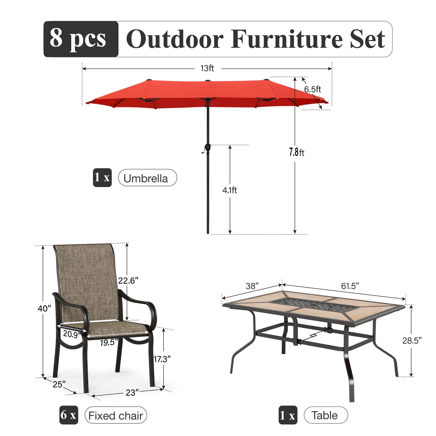 Captiva Designs 8pc Outdoor Wood-look Rectangle Steel Dining Table & Sling Chairs & Market Umbrella
