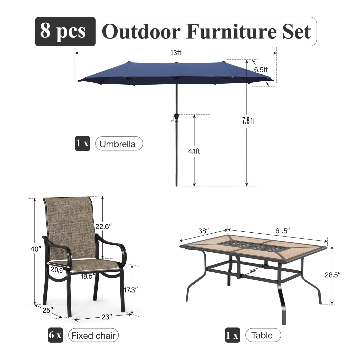 Captiva Designs 8pc Outdoor Wood-look Rectangle Steel Dining Table & Sling Chairs & Market Umbrella