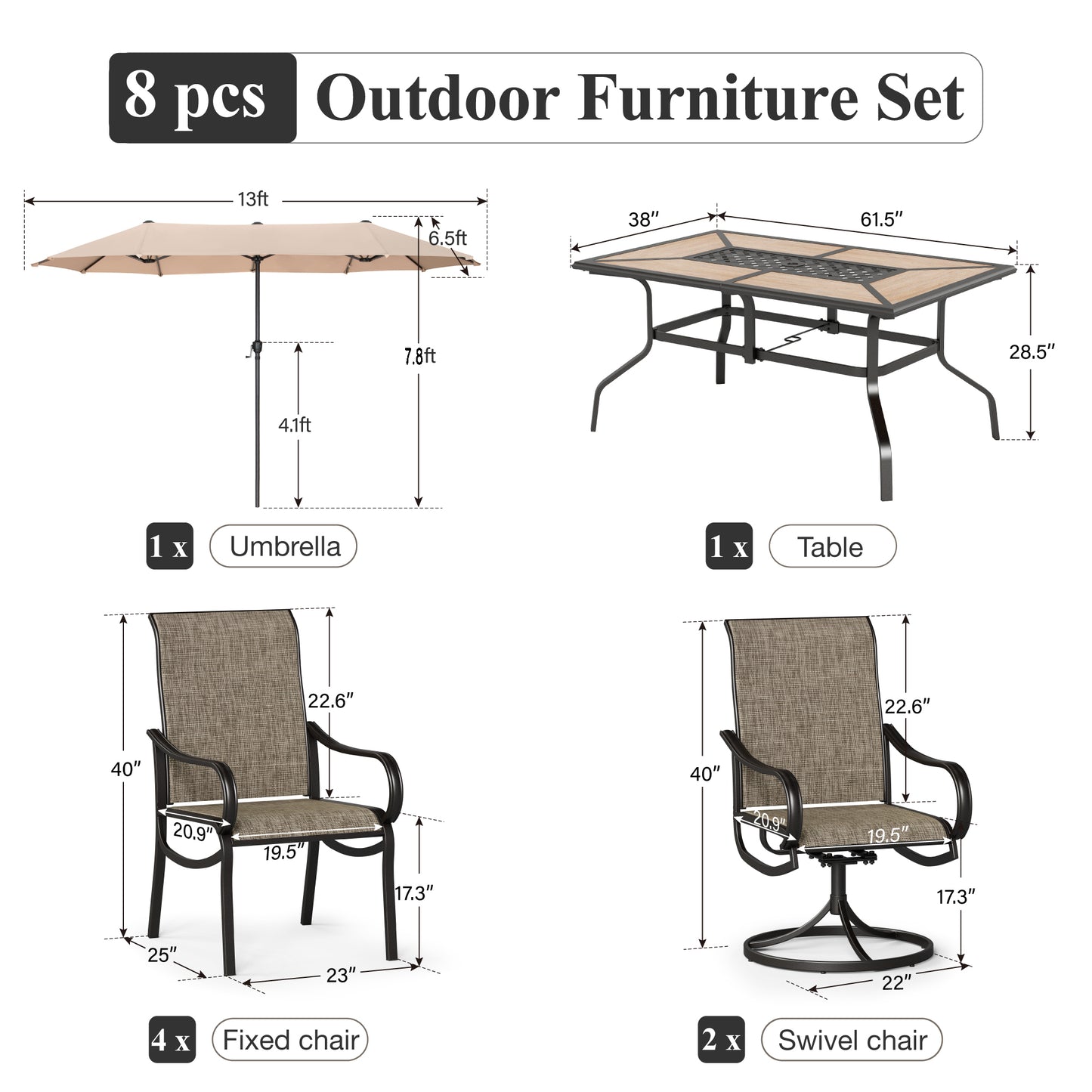 Captiva Designs 8pc Outdoor Wood-look Rectangle Steel Dining Table & Sling Chairs & Market Umbrella
