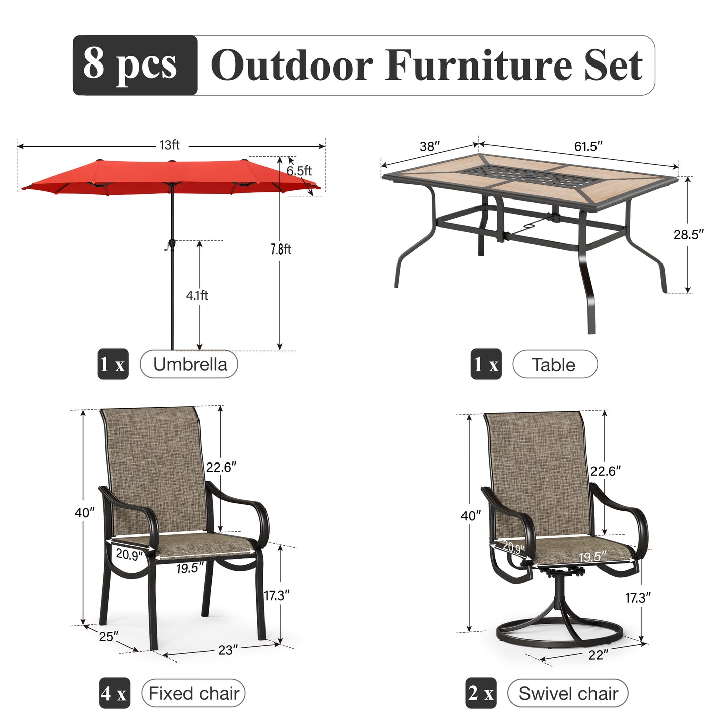 Captiva Designs 8pc Outdoor Wood-look Rectangle Steel Dining Table & Sling Chairs & Market Umbrella