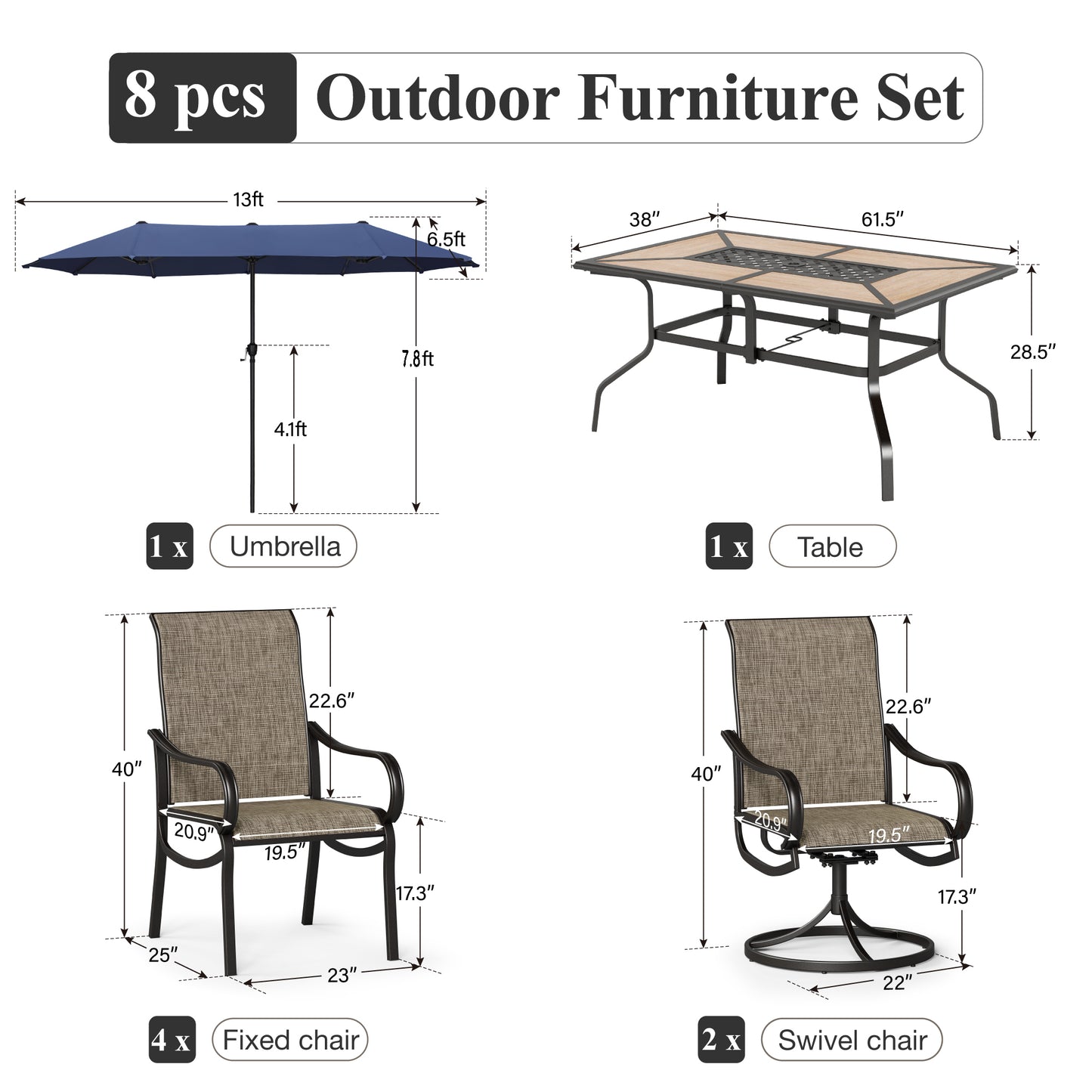 Captiva Designs 8pc Outdoor Wood-look Rectangle Steel Dining Table & Sling Chairs & Market Umbrella