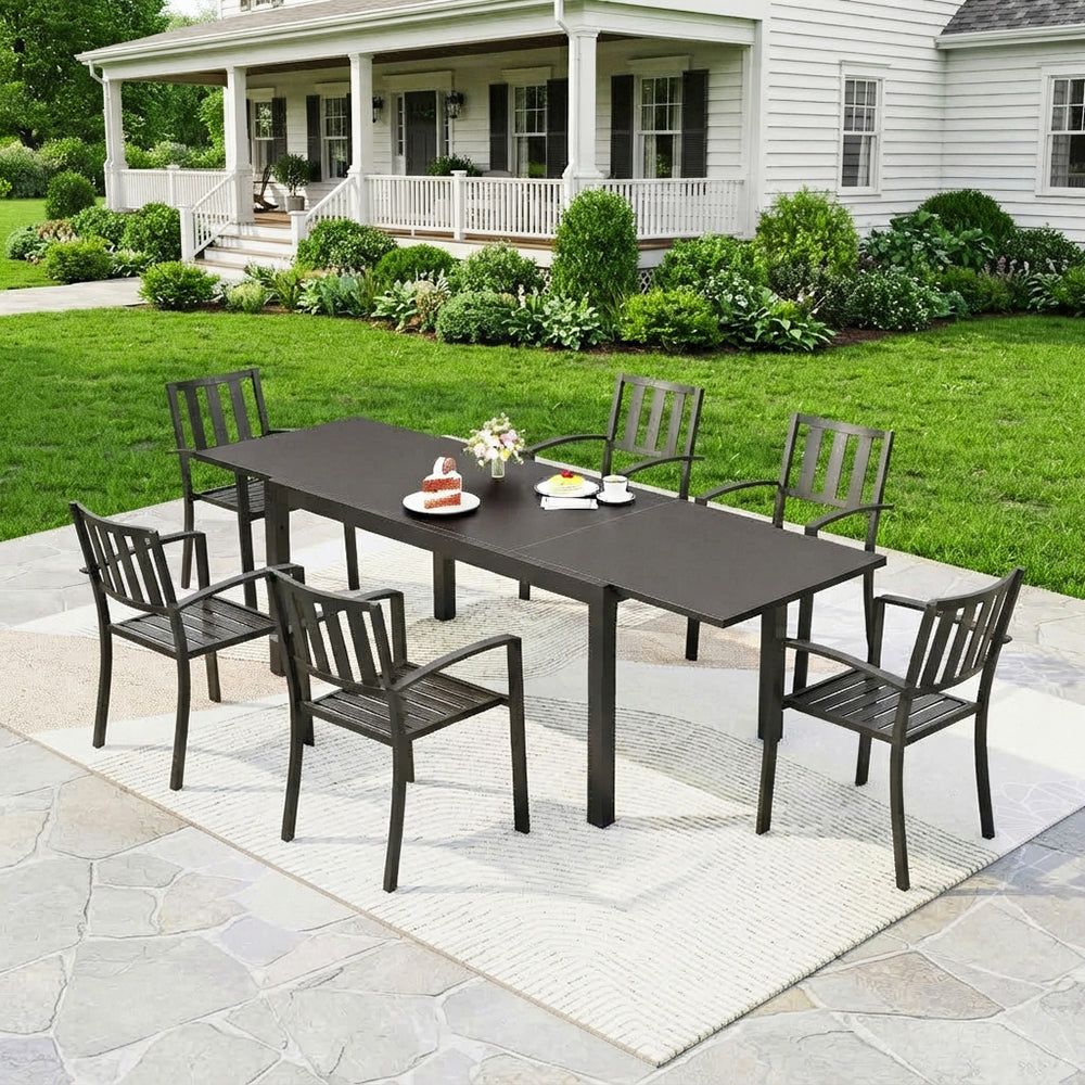 Captiva Designs 7pc Outdoor Expandable Rectangle Dining Table & Metal Armrest Chairs