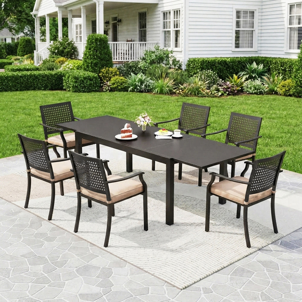 Captiva Designs 7pc Outdoor Expandable Rectangle Dining Table & Metal Armrest Chairs