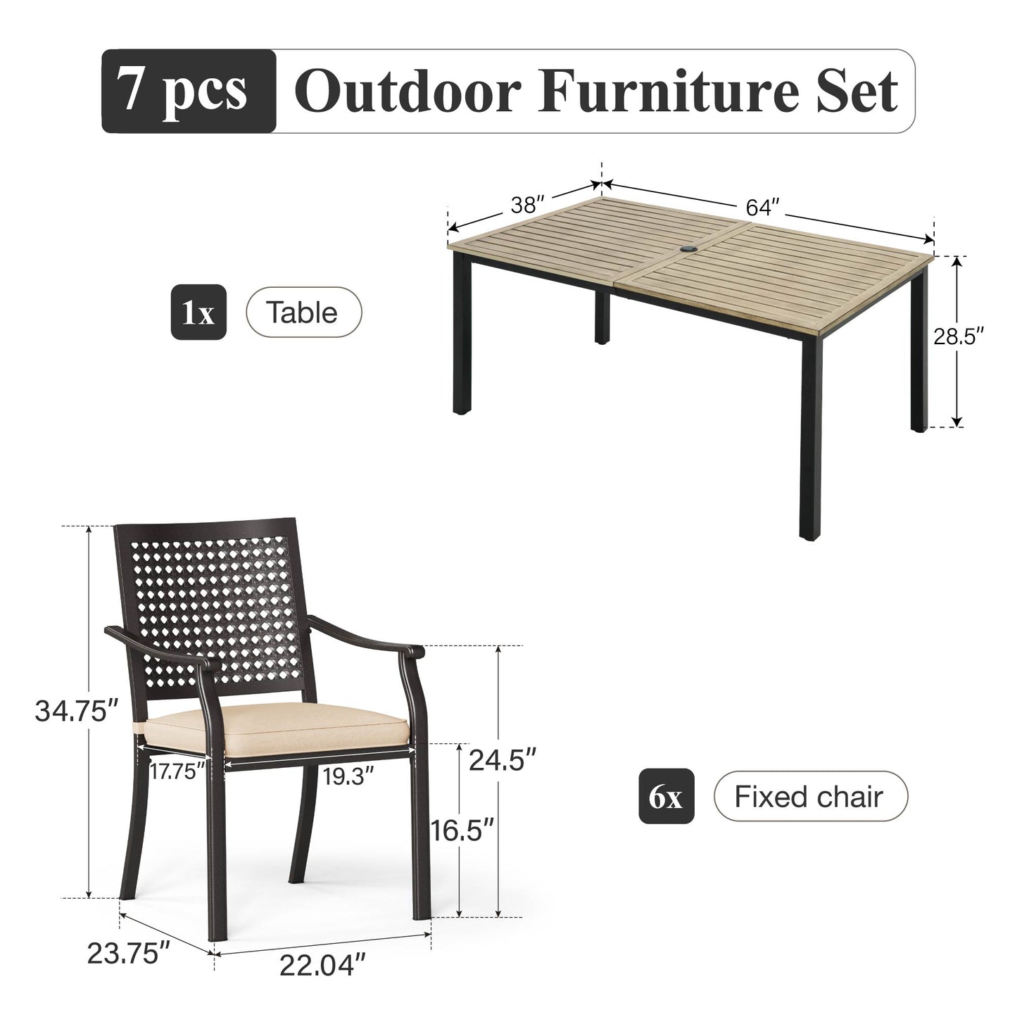 Captiva Designs 7pc Patio Dining Steel Wood-look Table with Umbrella Hole & Stackable Chairs with Bull's Eye Pattern
