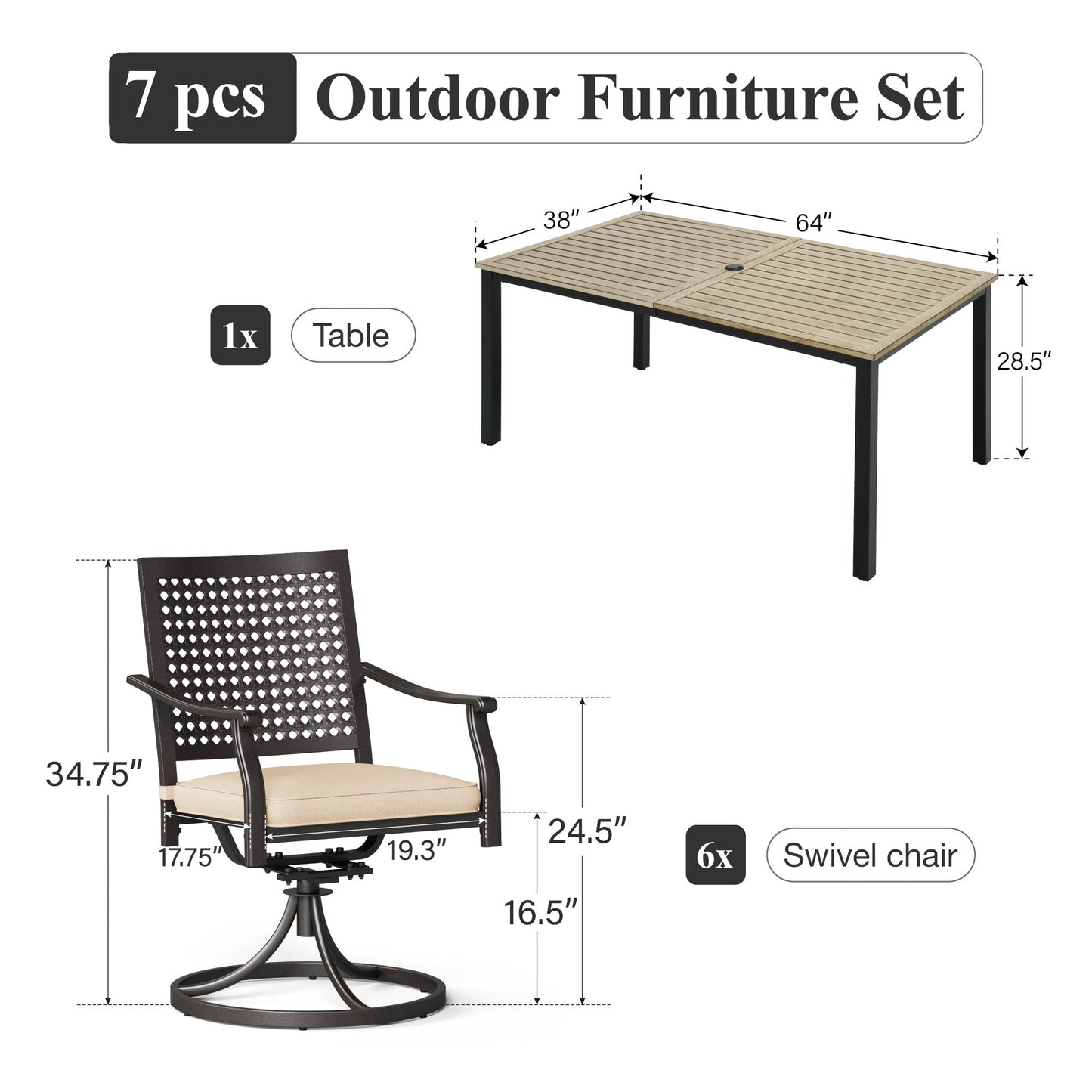 Captiva Designs 7pc Patio Dining Steel Wood-look Table with Umbrella Hole & Stackable Chairs with Bull's Eye Pattern