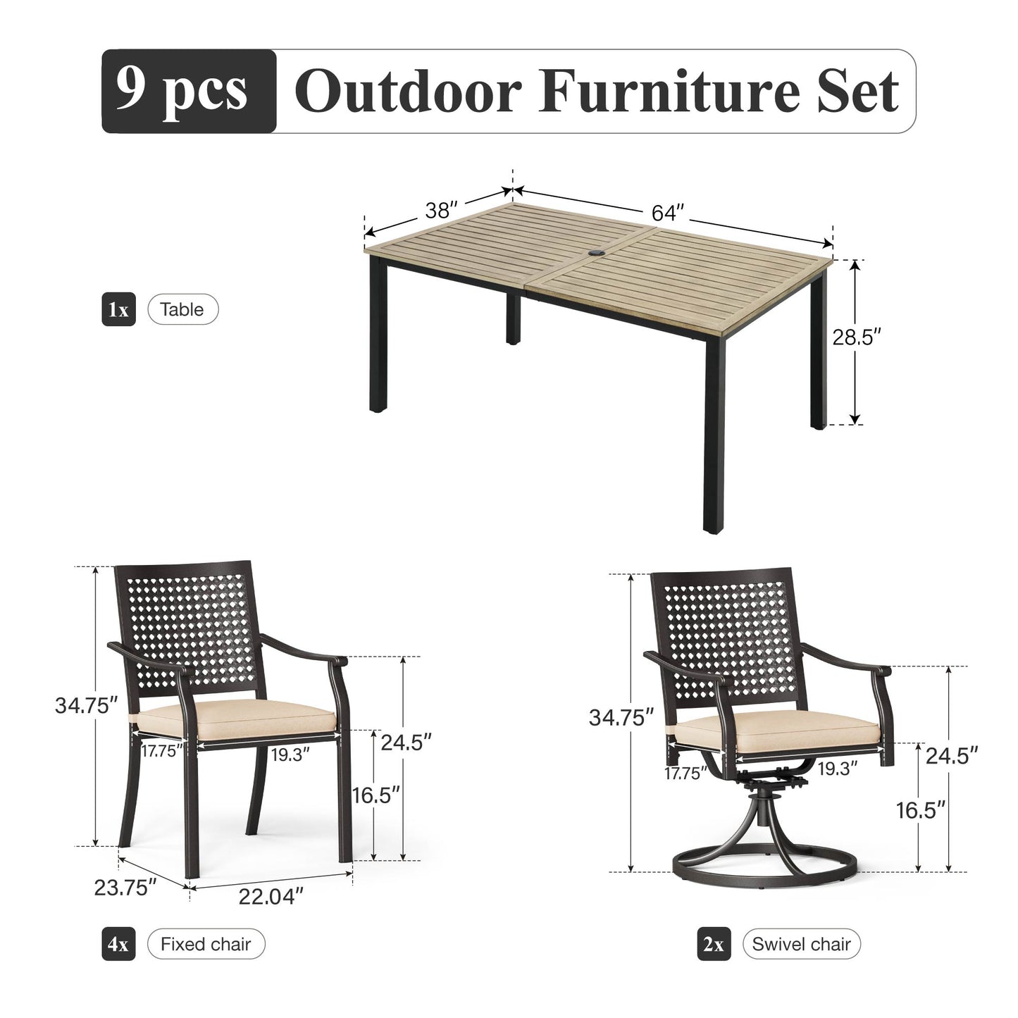 Captiva Designs 7pc Patio Dining Steel Wood-look Table with Umbrella Hole & Stackable Chairs with Bull's Eye Pattern