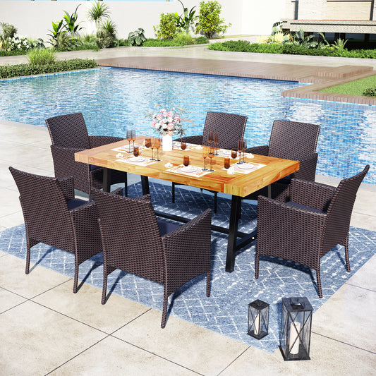 Captiva Designs 7Pc Patio Dining Oil Finished Tabletop Acacia Wood Table & Rattan Chairs