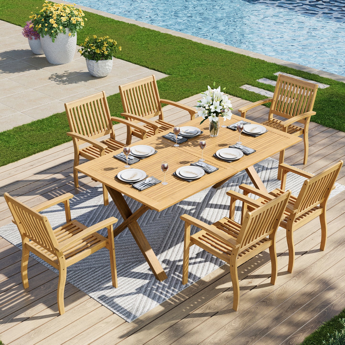 Captiva Designs 7 件套相思木露台家具套装，配有可扩展桌子和软垫椅子