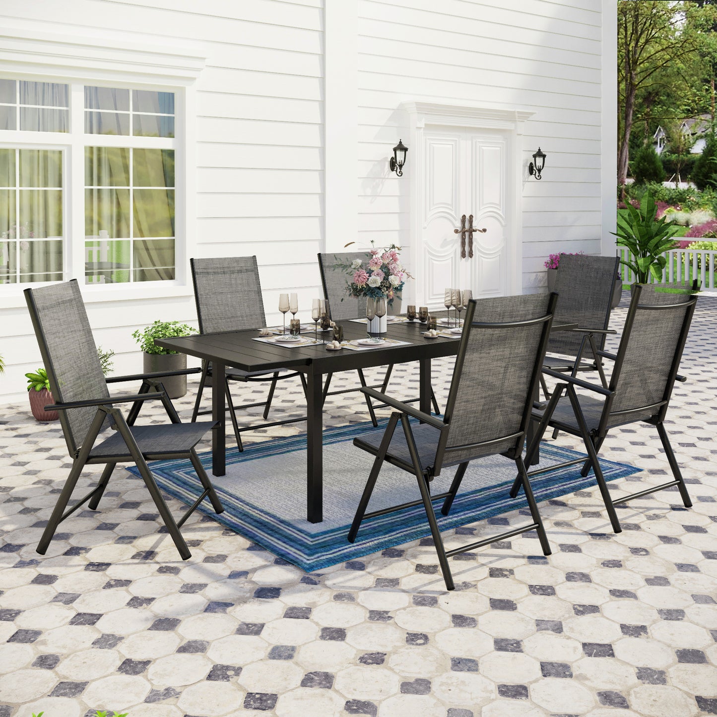 Captiva Designs 7pc Patio Dining Rectangular Steel Table & Pre-assembled Textilene Reclining Foldable Chairs