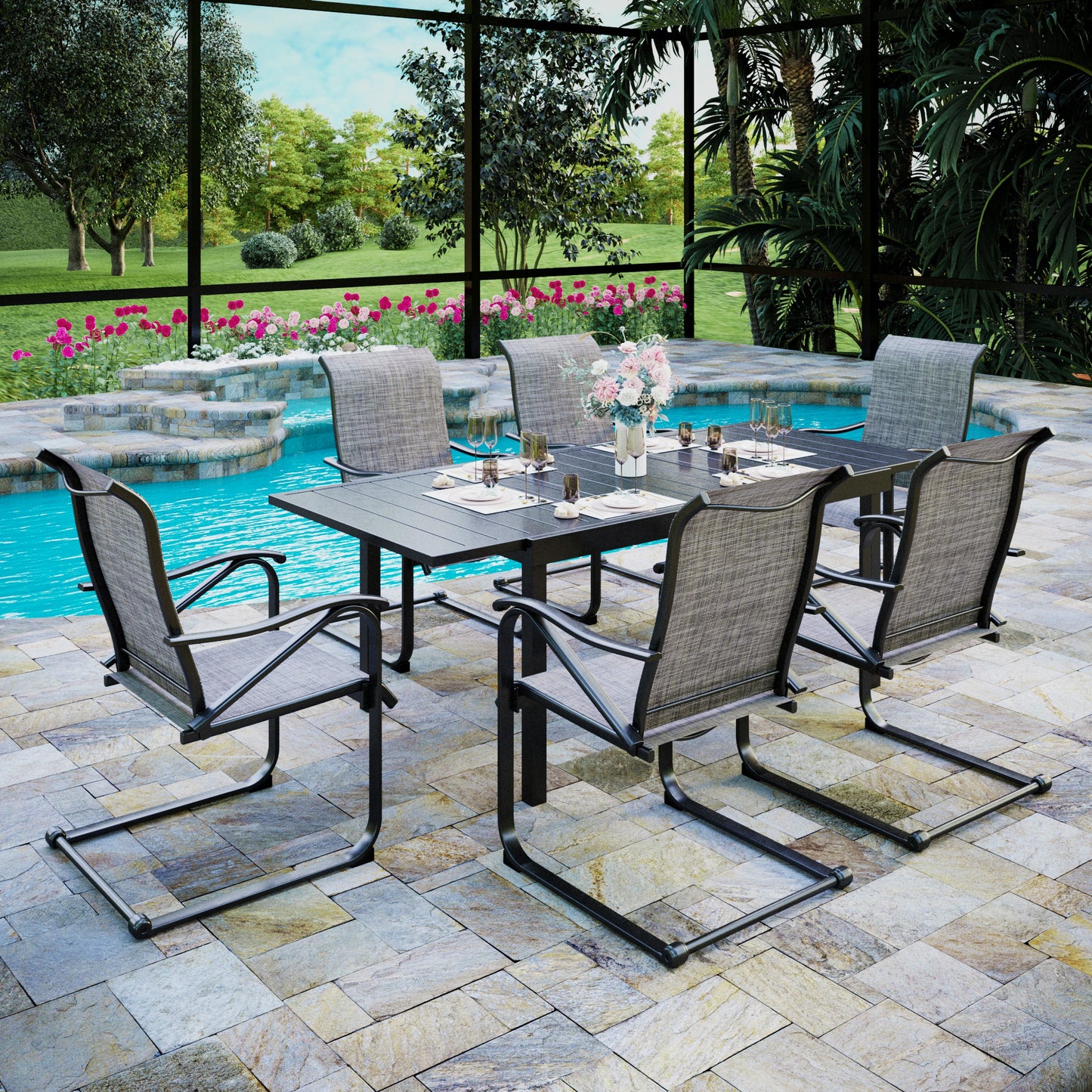 Captiva Designs 7pc Patio Dining Set with Steel Frame Rectangle Table & C-spring Sling Chairs