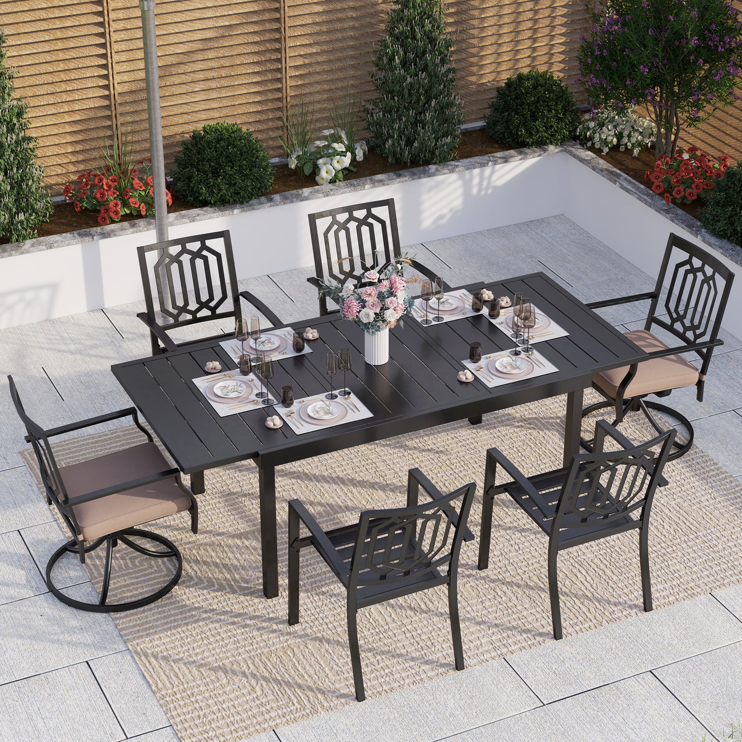 Captiva Designs 7pc Patio Dining Slat-top Expandable Rectangle Steel Table & Stylish Back Metal Chairs