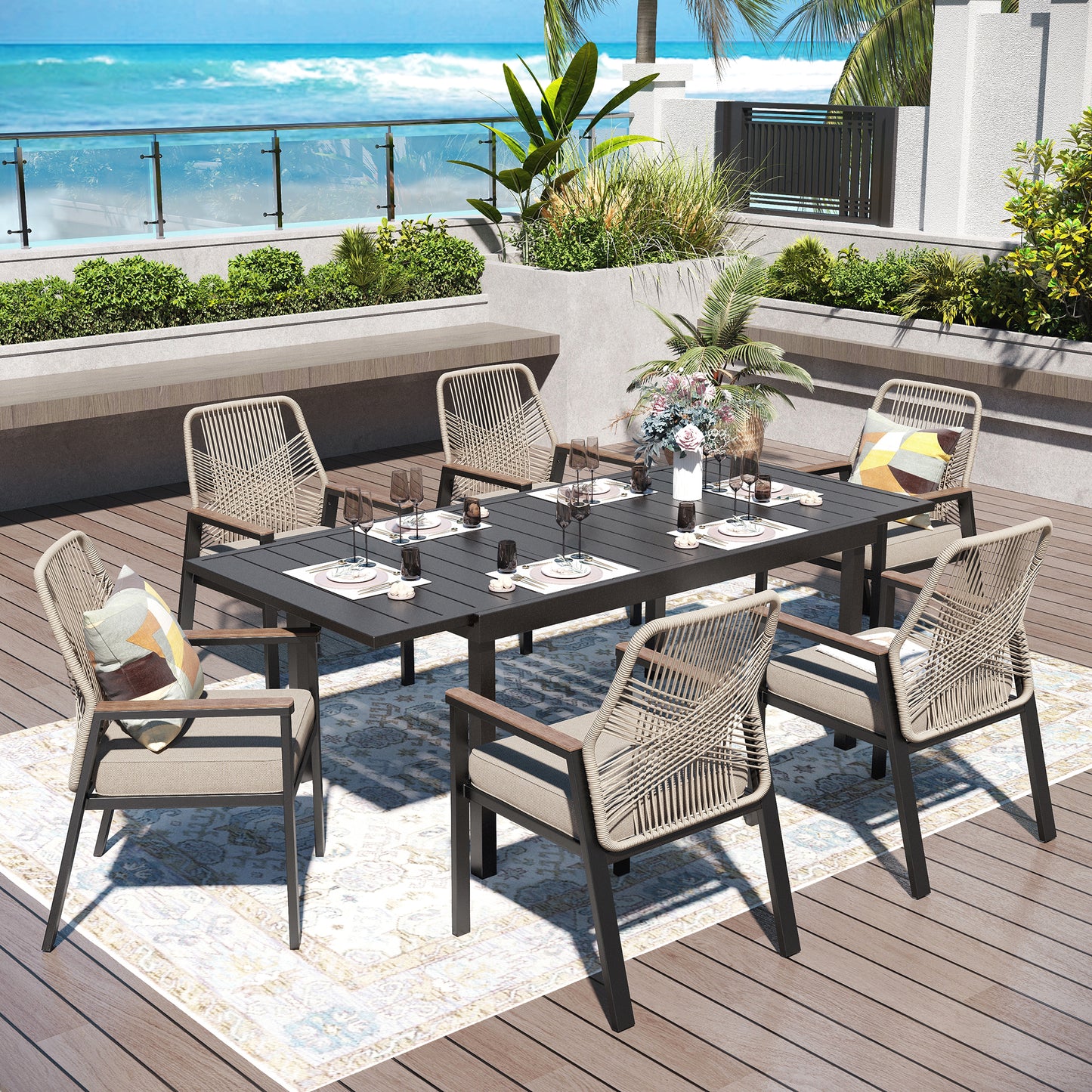 Captiva Designs 7pc Patio Dining Slat-top Steel Table & Beige Rattan Chairs with Cushion