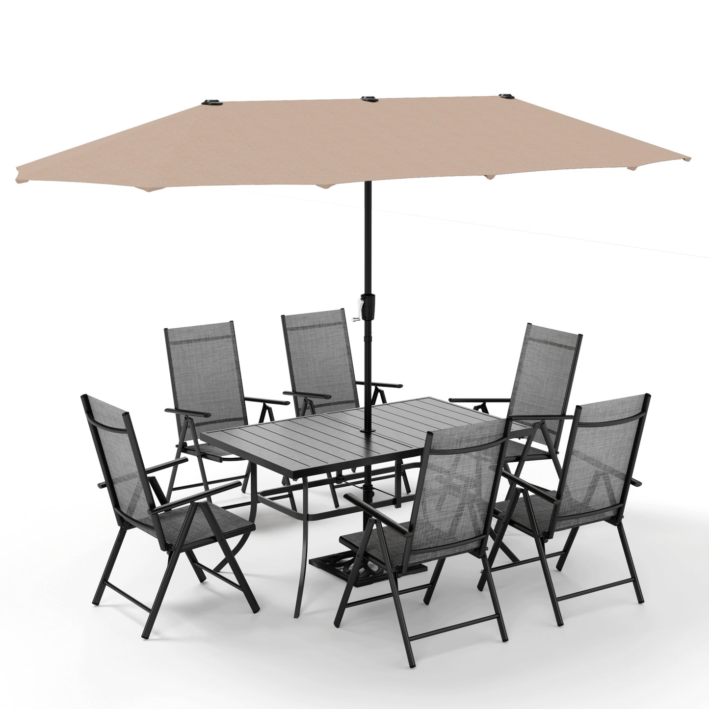 Captiva Designs 8pc Patio Slat-top Rectangle Table & Textilene Reclining Foldable Chairs & 13ft Large Umbrella