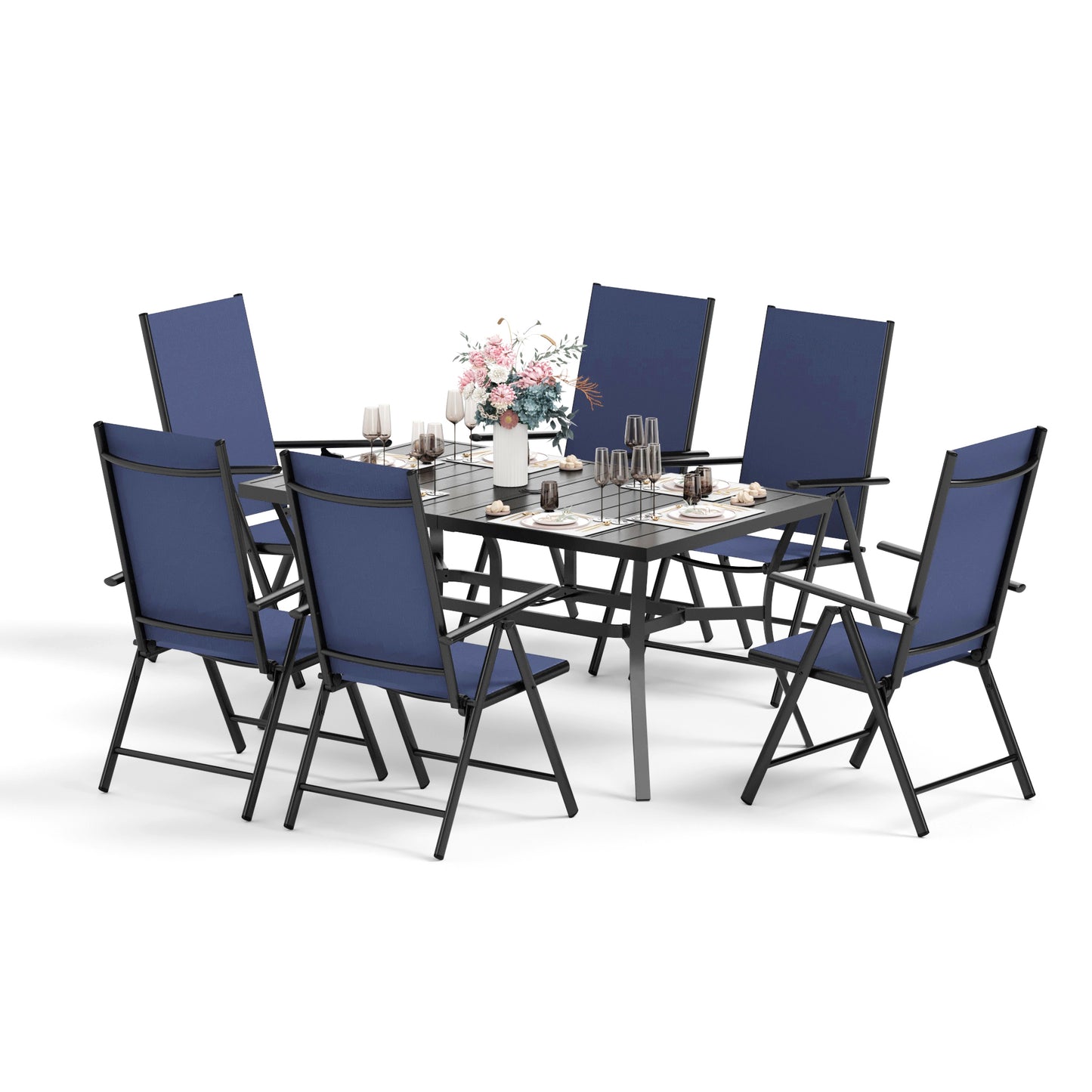 Captiva Designs 7pc Patio Dining Rectangular Steel Table & Pre-assembled Textilene Reclining Foldable Chairs