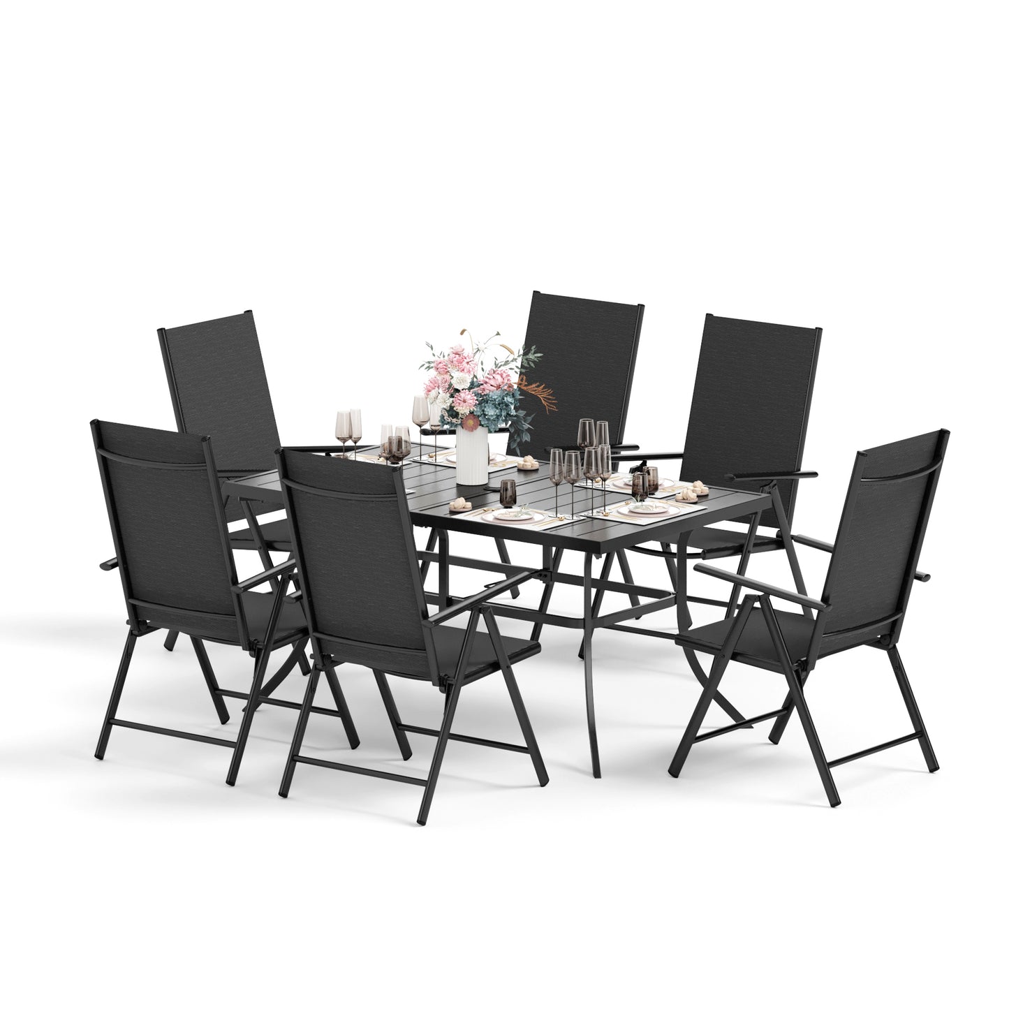 Captiva Designs 7pc Patio Dining Rectangular Steel Table & Pre-assembled Textilene Reclining Foldable Chairs