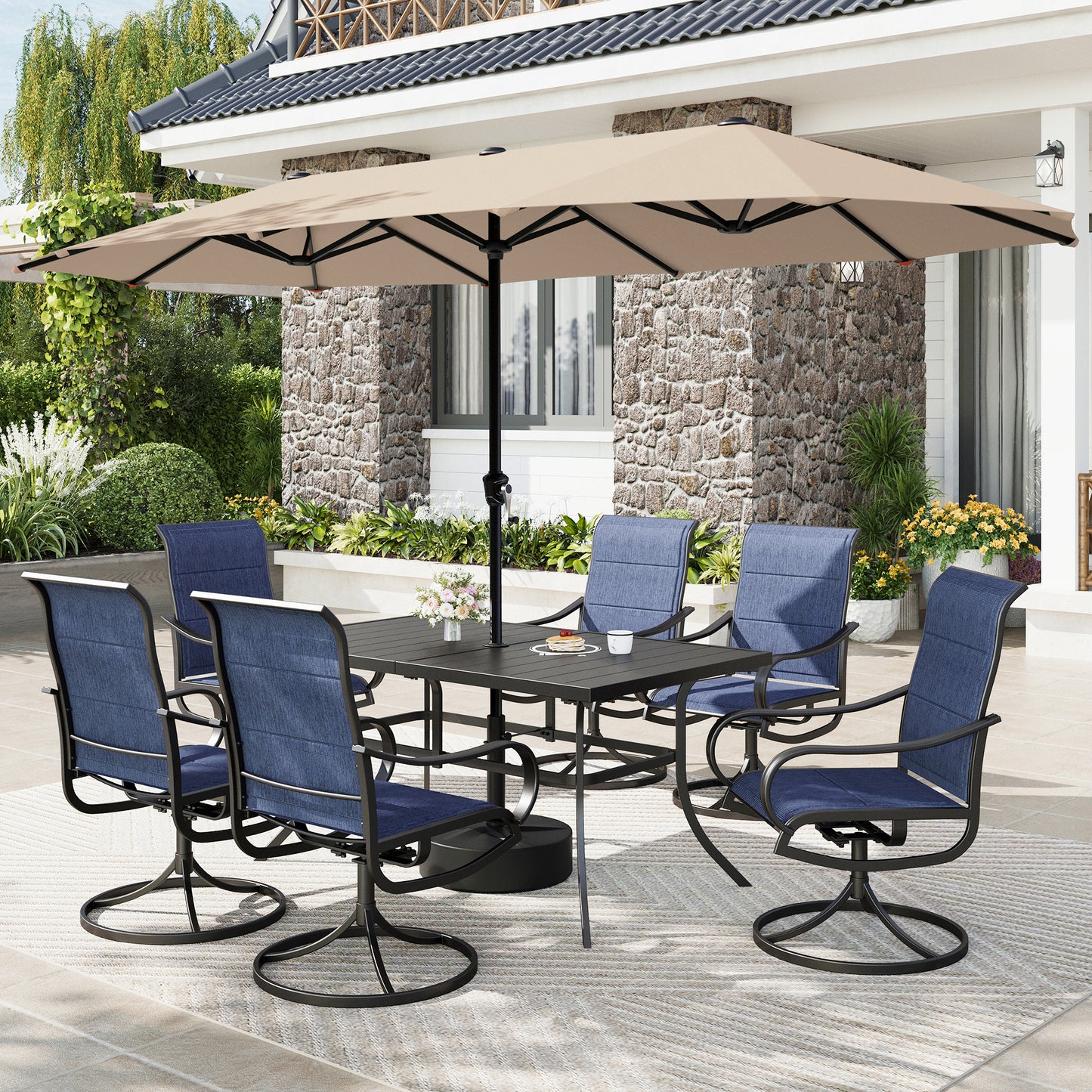 Captiva Designs 8pc Patio Dining Set with Rectangular steel table & Padded Sling Swivel Chairs & Market Umbrella