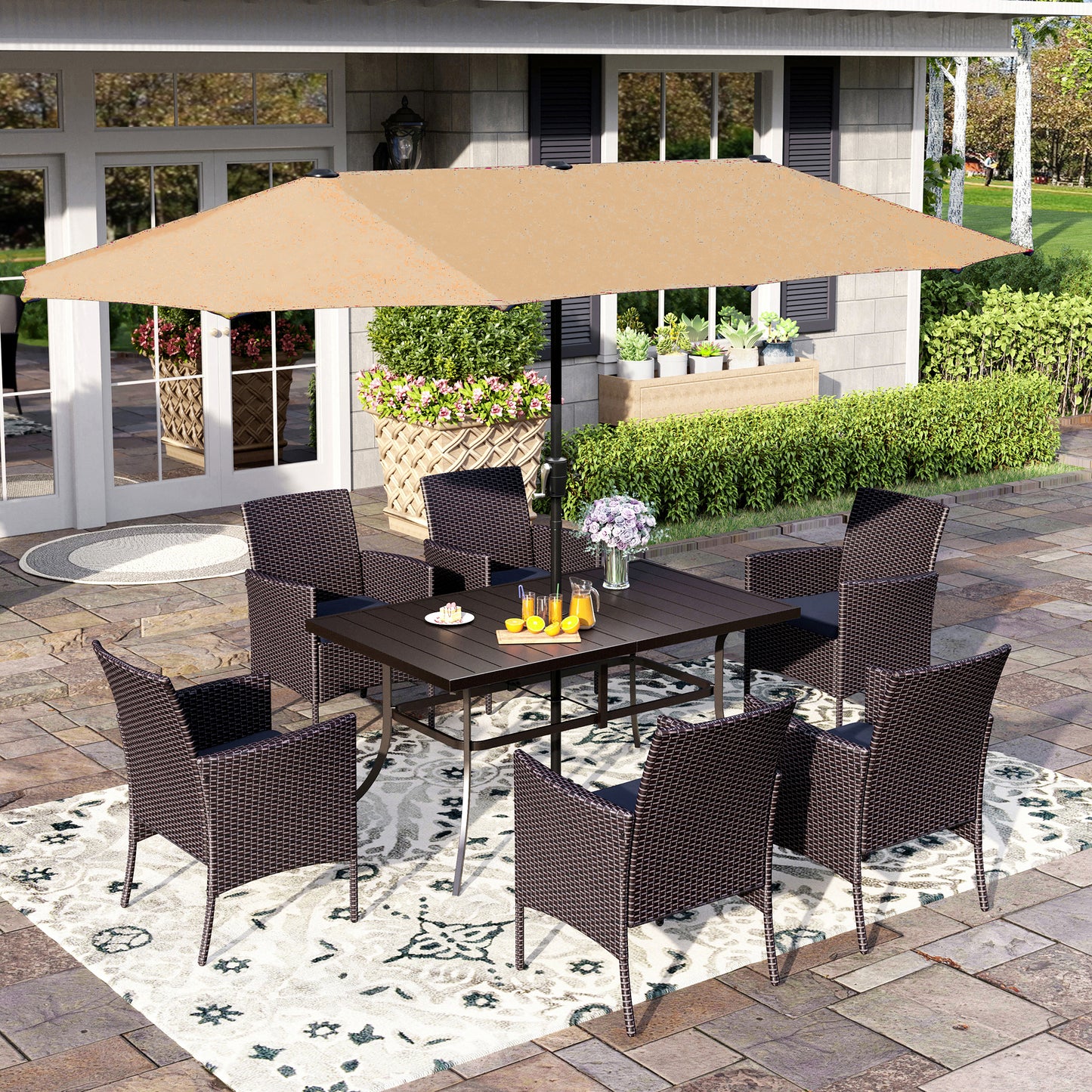Captiva Designs 8pc Patio Slat-top Black Dining Table & Crescent Arm Rattan Chairs & Market Umbrella