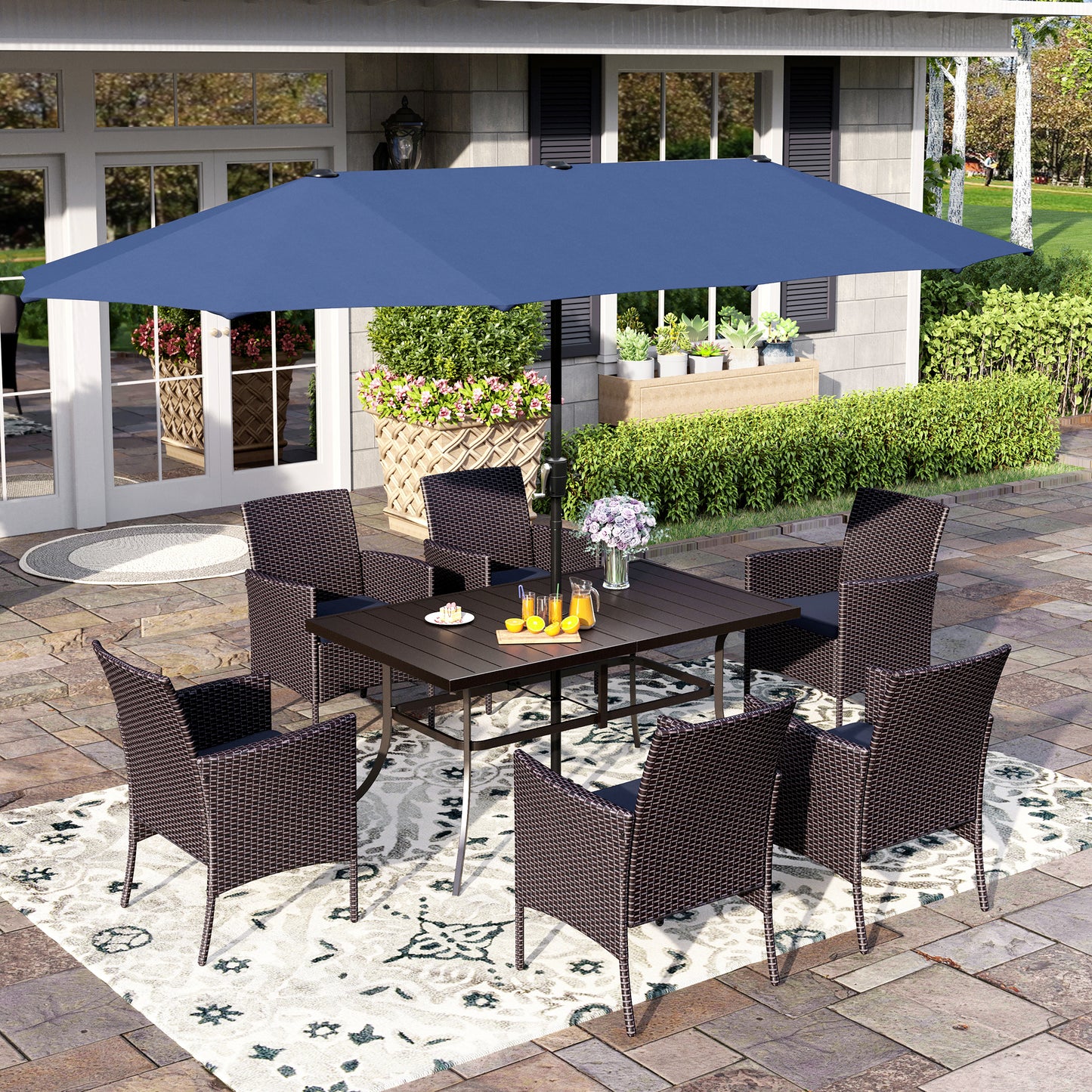 Captiva Designs 8pc Patio Slat-top Black Dining Table & Crescent Arm Rattan Chairs & Market Umbrella