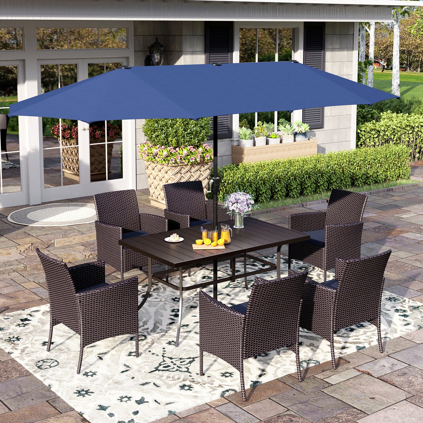 Captiva Designs 8pc Patio Slat-top Black Dining Table & Crescent Arm Rattan Chairs & Market Umbrella