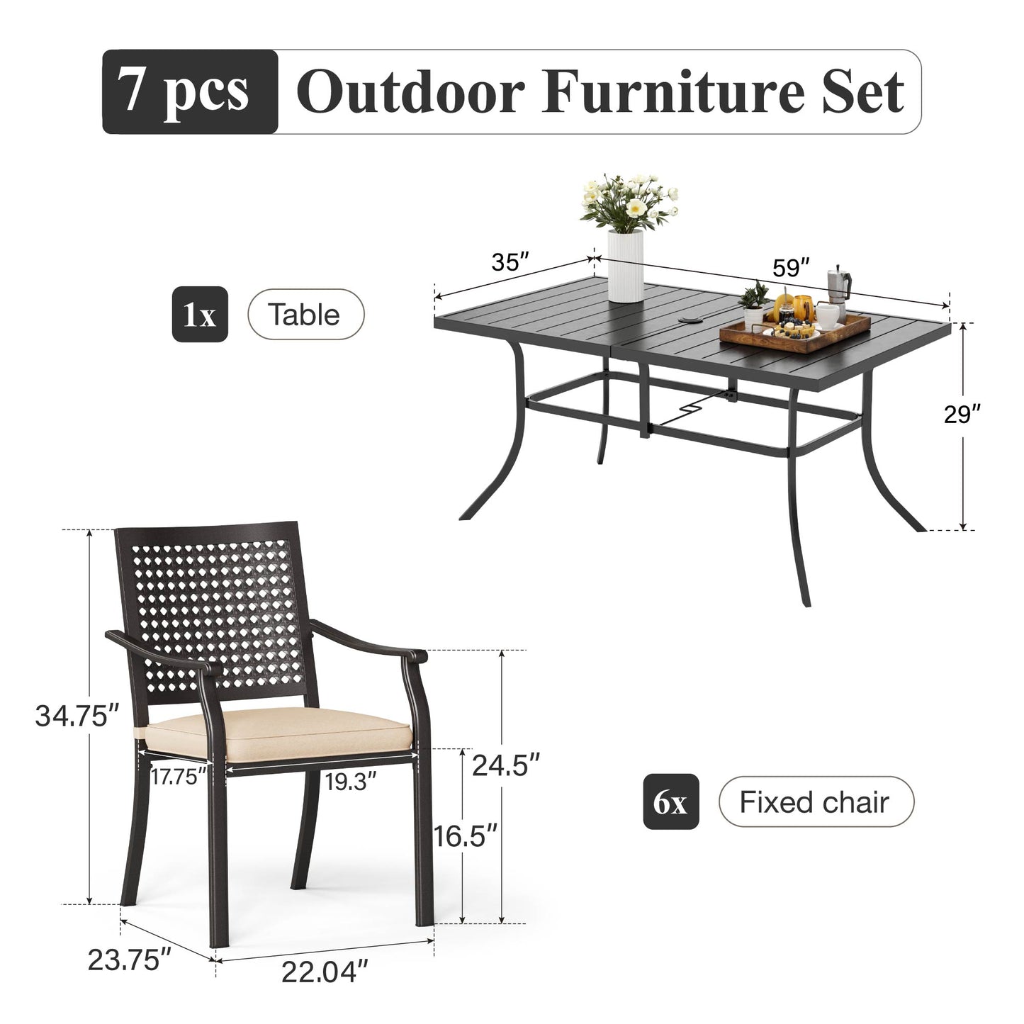 Captiva Designs 7 件套露台餐桌椅套装，配有带板顶的矩形桌子和带剥离式靠背的金属可堆叠椅子