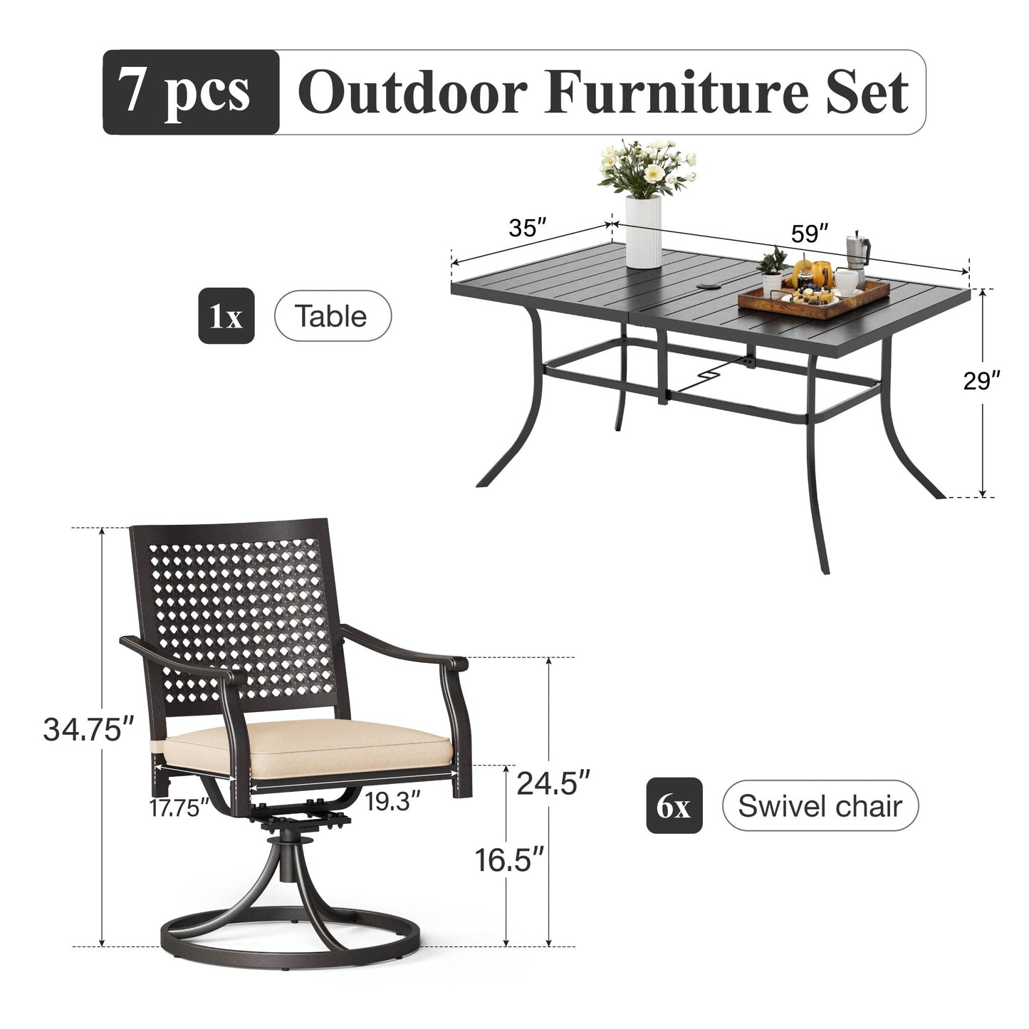 Captiva Designs 7 件套露台餐厅板顶矩形桌子和旋转椅，带靶心图案