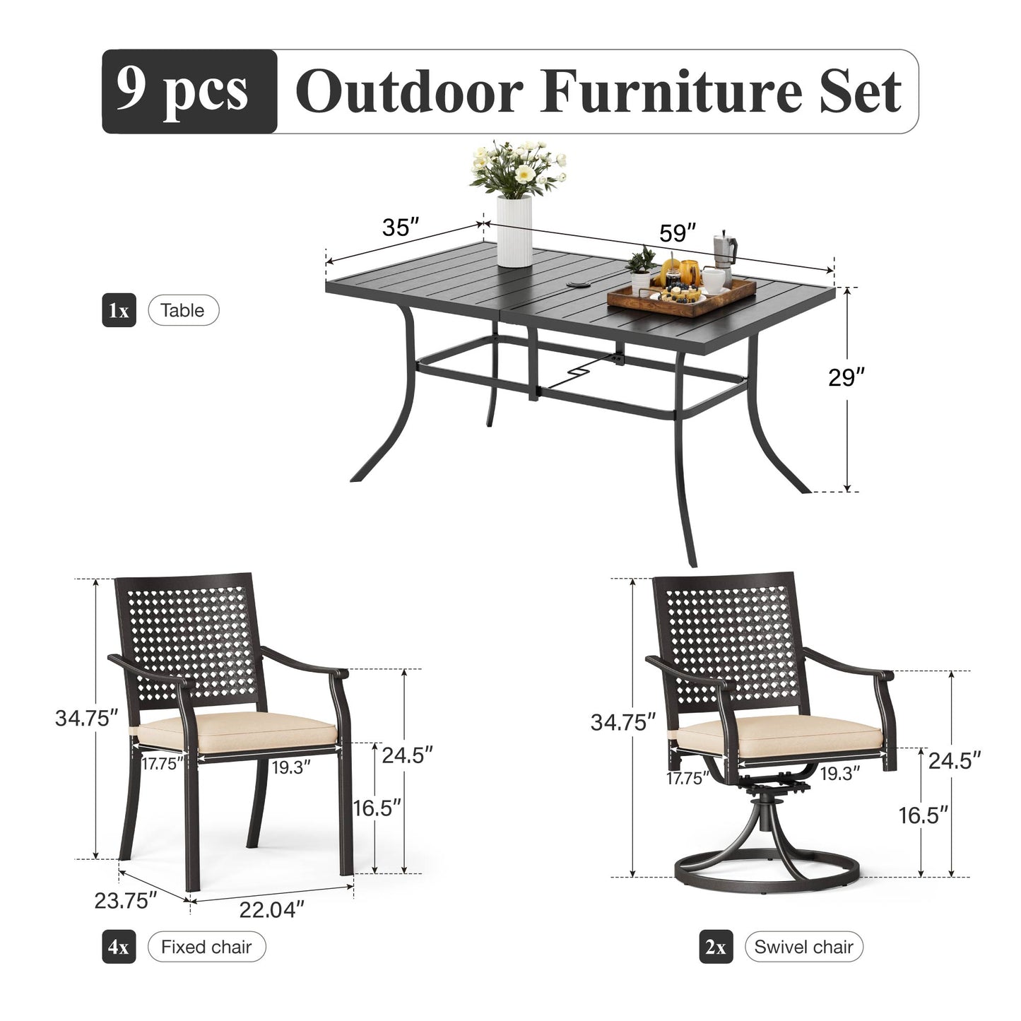 Captiva Designs 7pc Patio Dining Set with Slat-top Rectangle Steel Table & Metal Chairs
