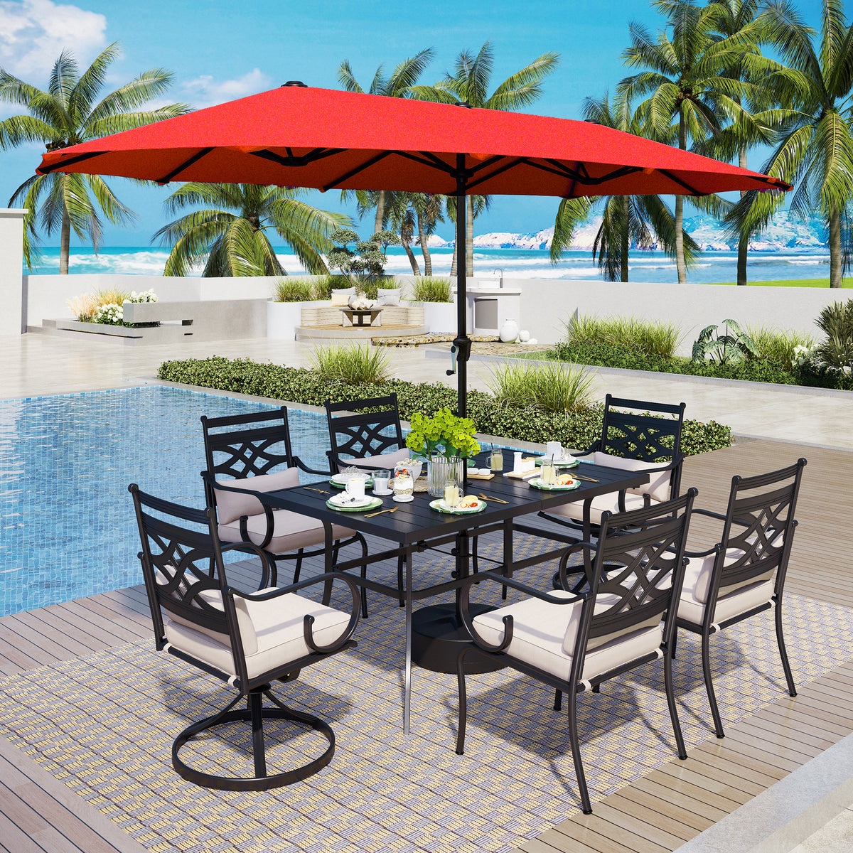 Captiva Designs 8Pc Outdoor Steel Rectangle Dining Table & Cushioned Metal Chairs & Market Umbrella