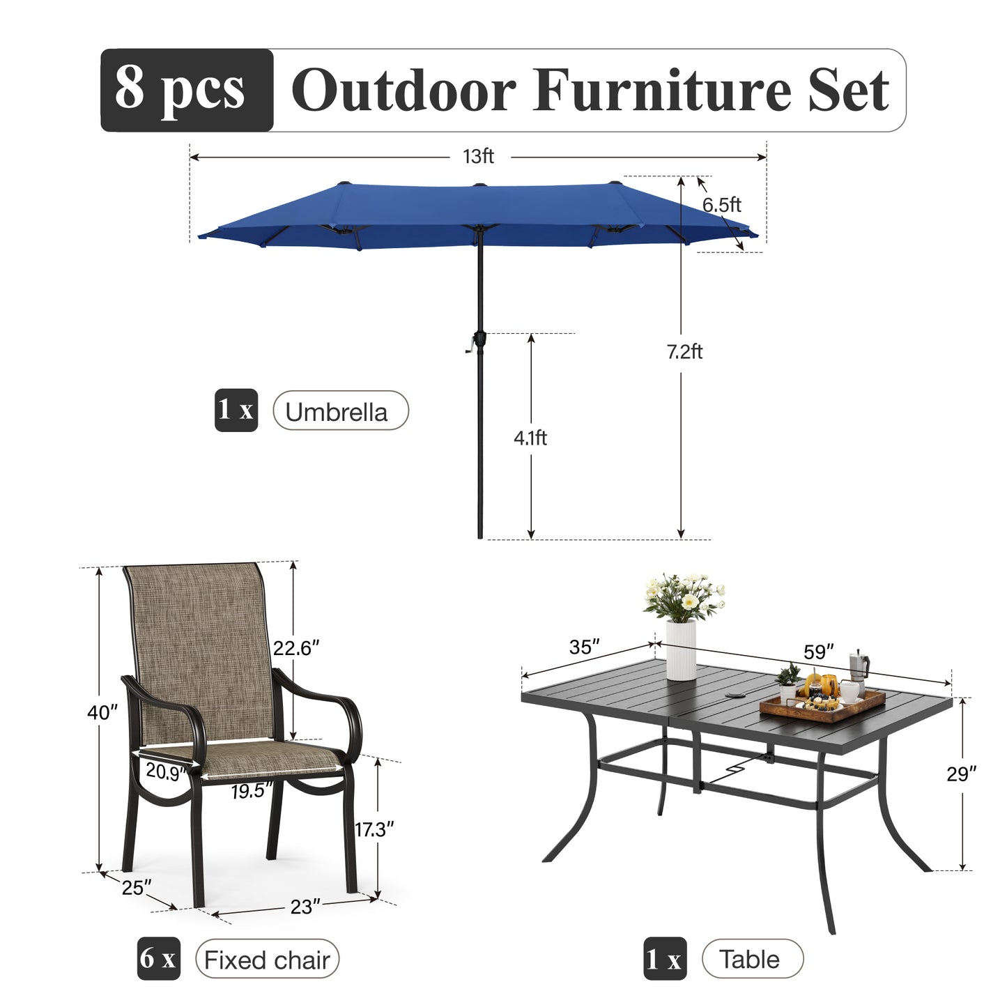 Captiva Designs 8pc Outdoor Rectangular Steel Dining Table & Breathable Sling Chairs & Market Umbrella