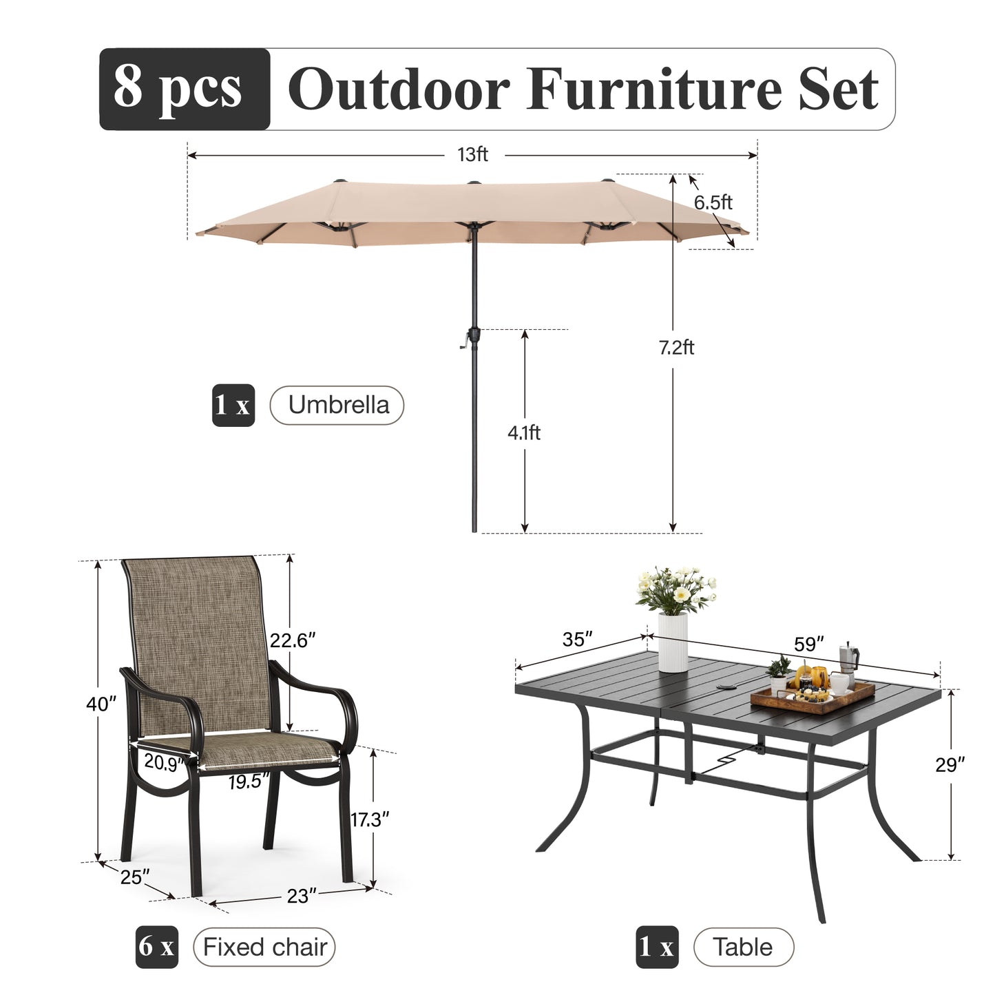 Captiva Designs 8pc Outdoor Rectangular Steel Dining Table & Breathable Sling Chairs & Market Umbrella