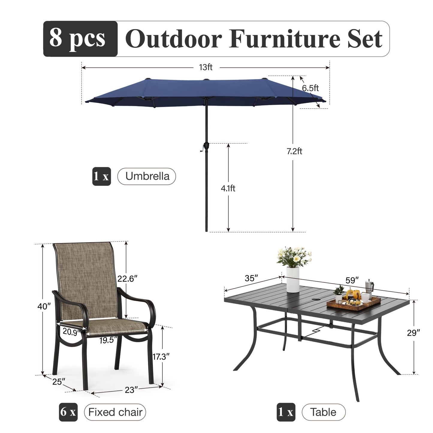 Captiva Designs 8pc Outdoor Rectangular Steel Dining Table & Breathable Sling Chairs & Market Umbrella